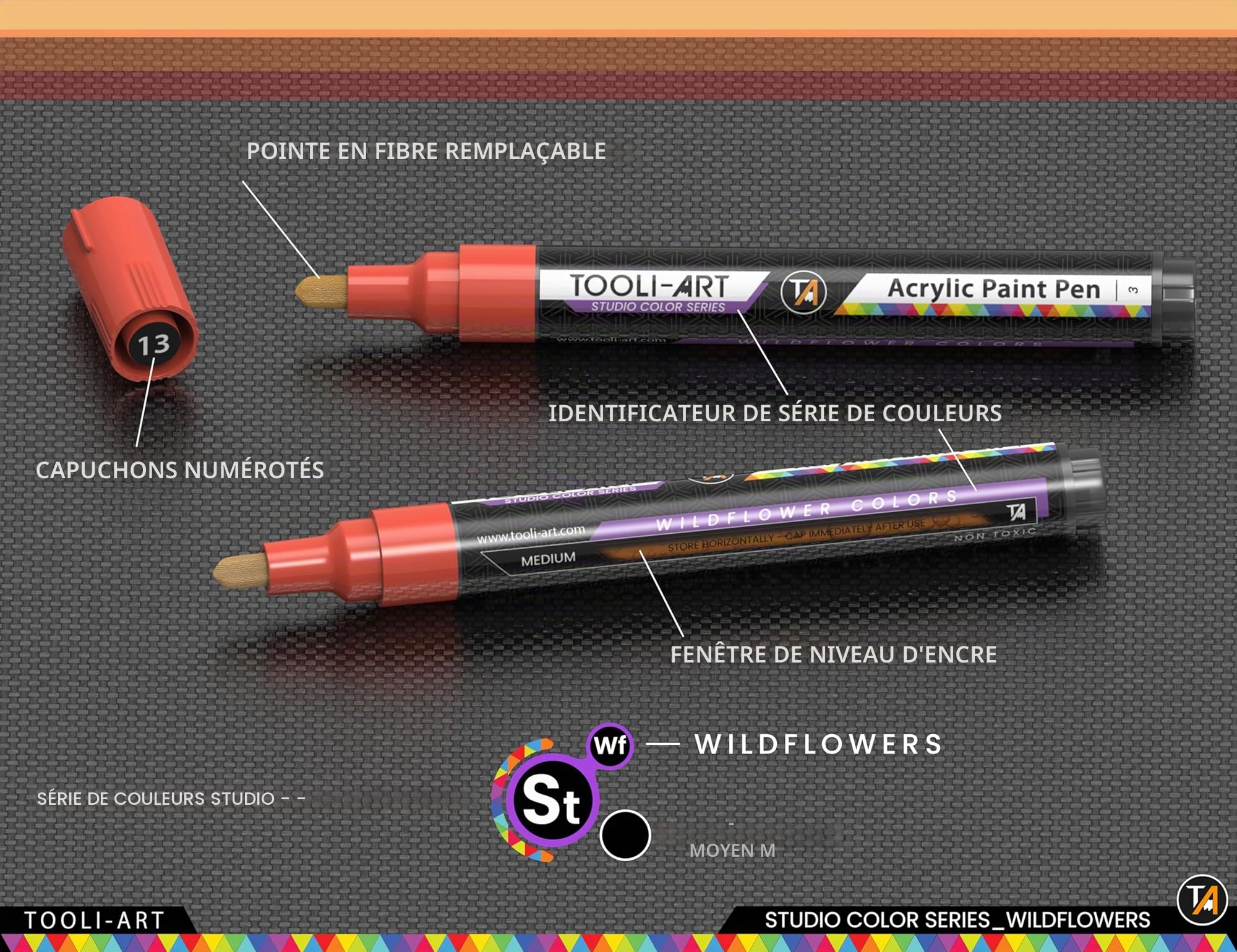 Marqueurs de peinture acrylique Wildflower Colors Studio Color Series - Paquet de 28 - Pointe moyenne 3 mm - Peinture sur roche, verre, tasses, bois, métal, toile, bricolage, détails - Non...