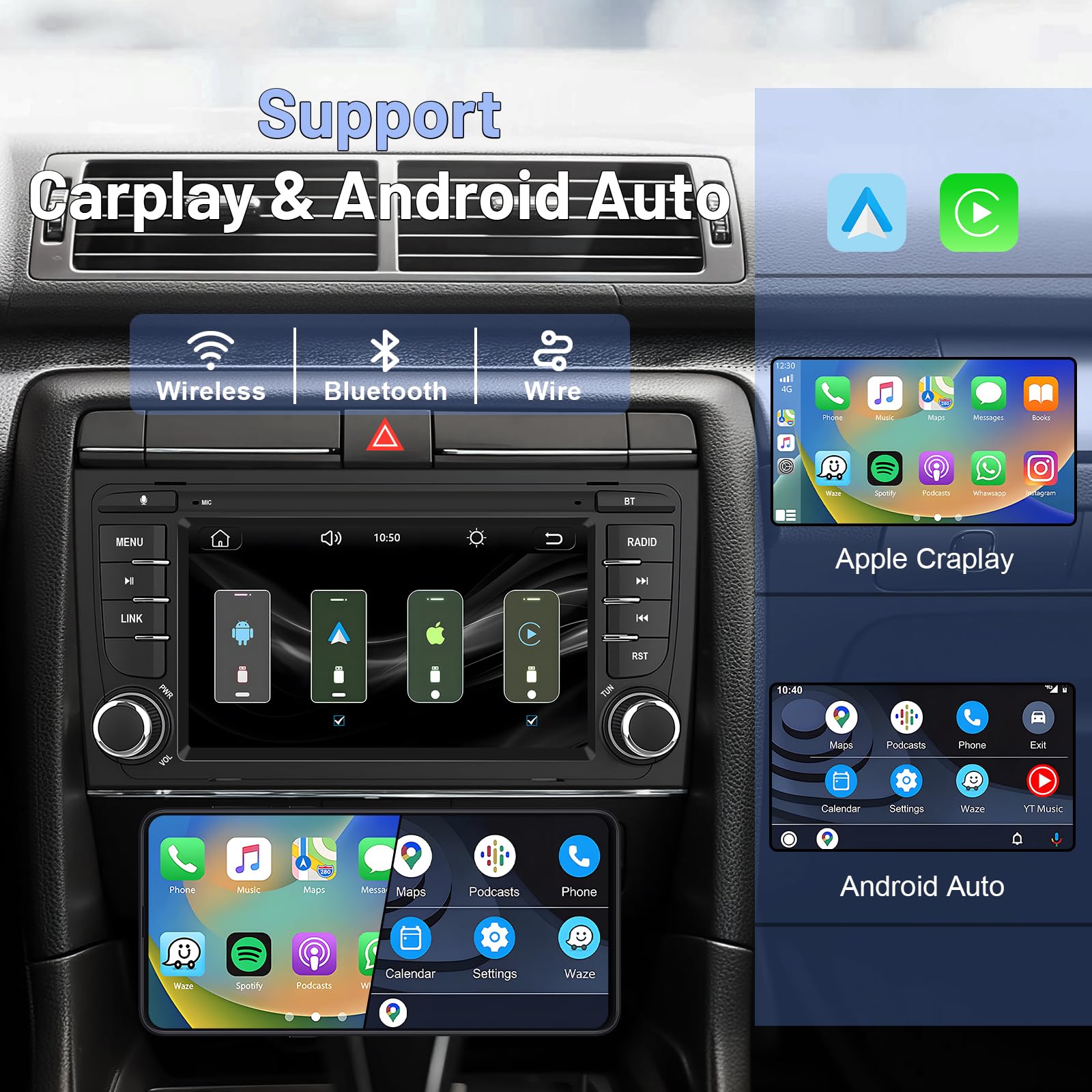 Autoradio Linux per Audi A4 B6, B7, S4 RS4–Avvio in 3 secondi | Schermo IPS 7", CarPlay & Android Auto wireless, AM/FM/RDS, DSP, USB, Bluetooth, microfono, comandi al volante – plug & play