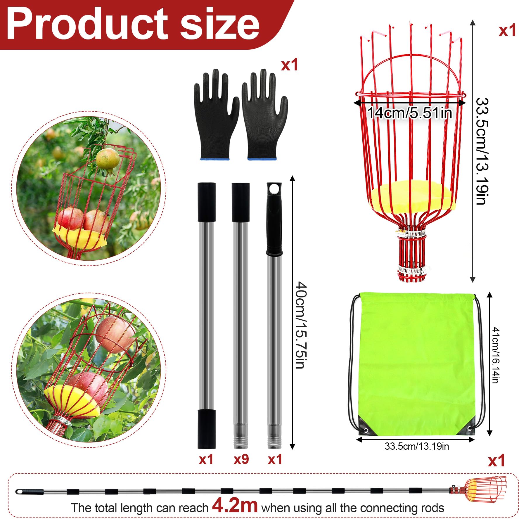TZEKING Raccoglifrutta Telescopico 4,2m, Raccogli Frutta in Acciaio Inox, Regolabile per Mele, Pere, Arance, Limoni, Ciliegie, Diametro 16 cm