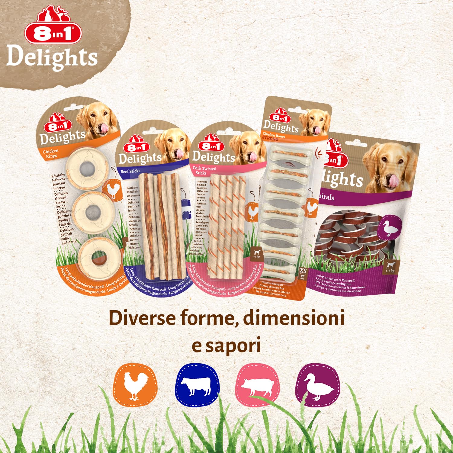 8in1 Delights Duck Spirals - Snack masticabile sano per cani, carne di anatra di alta qualità avvolta in pelle di manzo, 6 pezzi