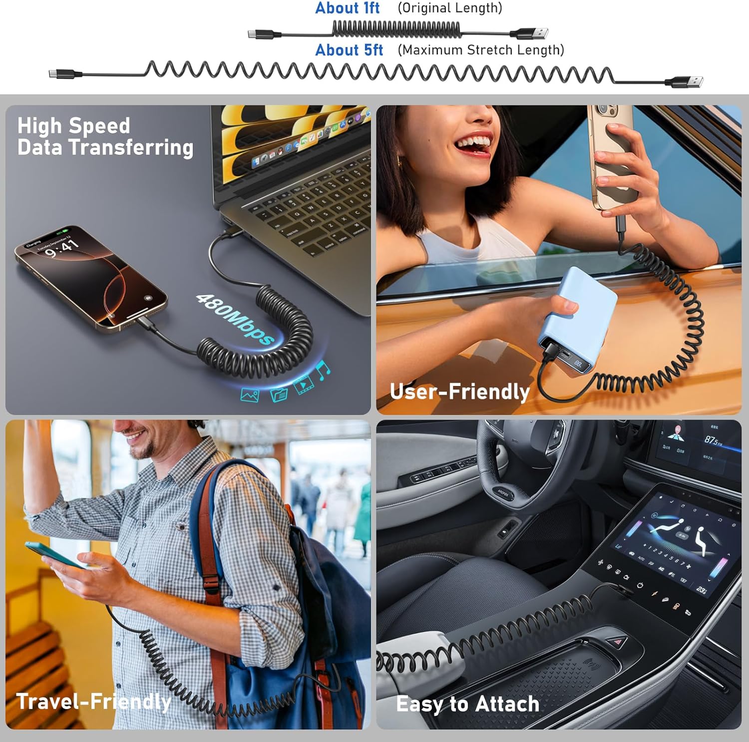 20W Dual USB C Wall Charger Block+Quick 3.0 Fast Charger with 5FT Coiled USB C Charger Cord Compatible iPhone 16 15 14 13 12 11, Galaxy, Pixel