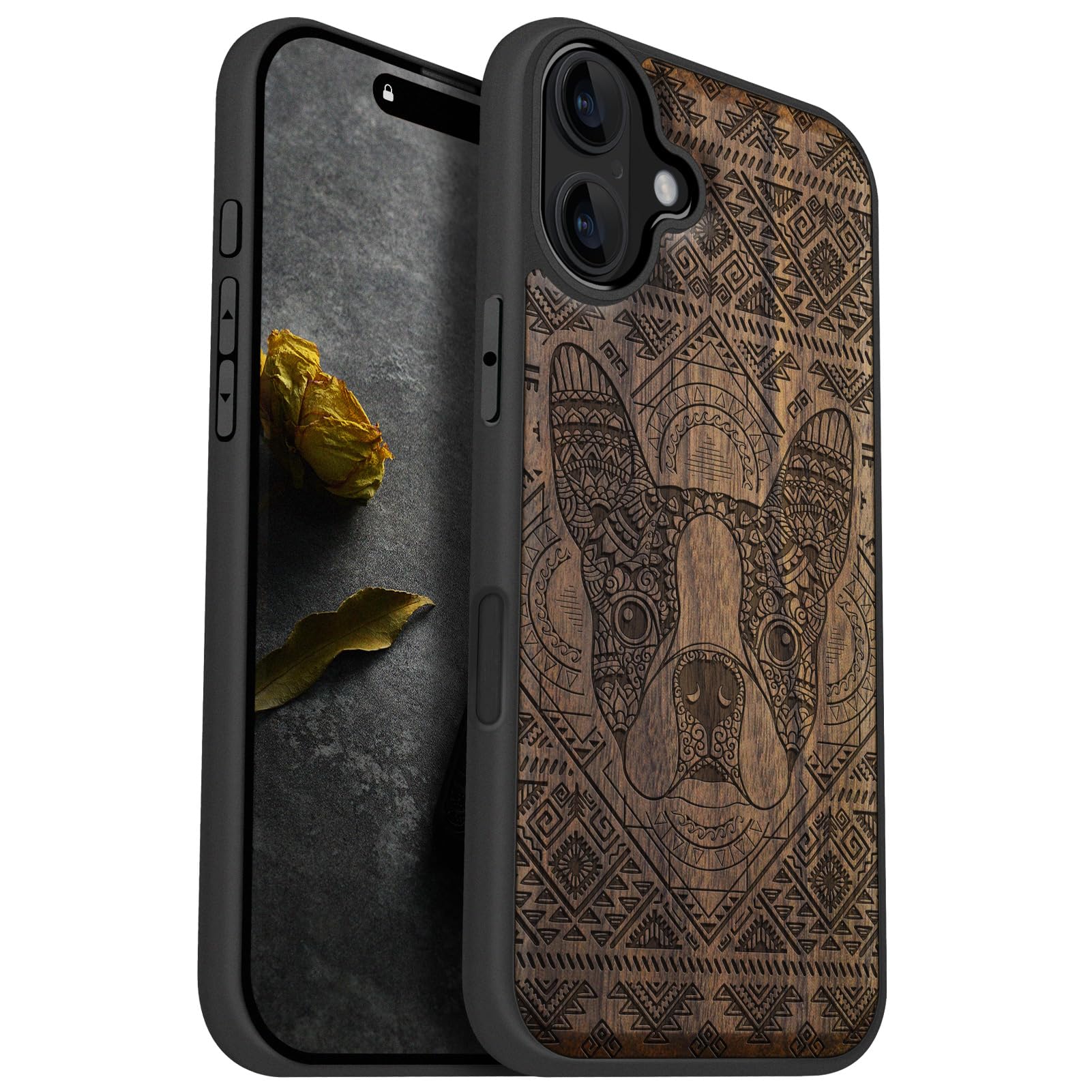 Carveit Magnetic Wooden Case for iPhone 16 Plus Case, Wood Artisan Engraved & Black Soft TPU Shockproof Cover, Compatible with MagSafe Wireless