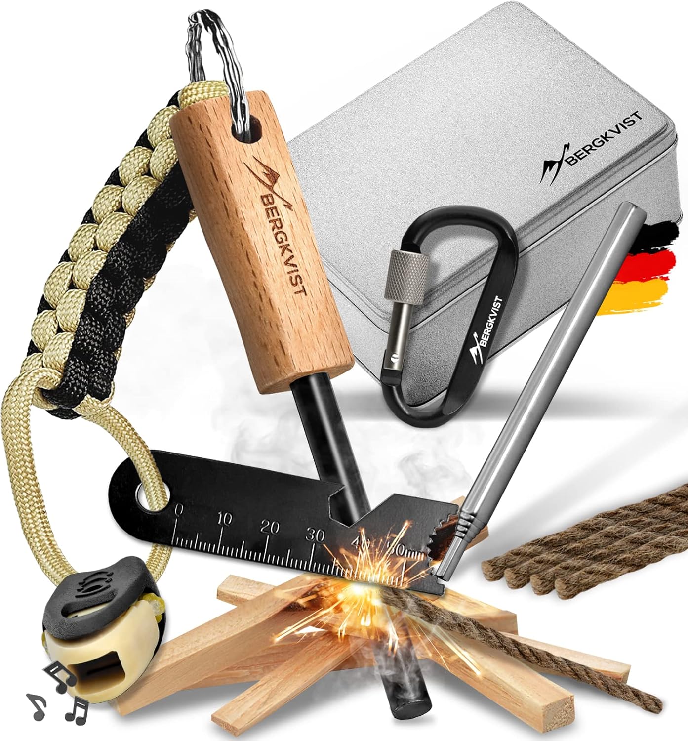 BERGKVIST® Feuerstahl Survival Set GNISTA (17TLG.) XXL Outdoor Ausrüstung zum Feuer Machen