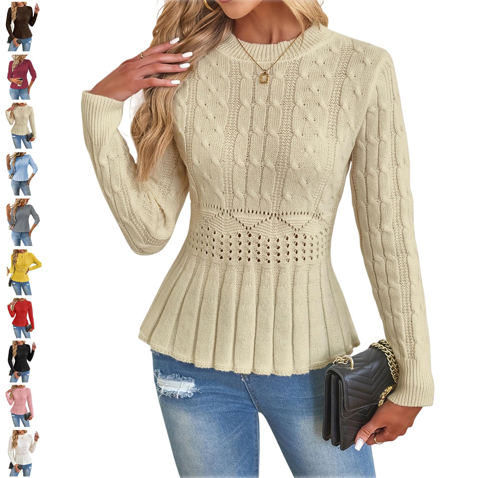 Womens Chunky Knit Crew Neck Long Sleeve Knit Top 2025 Fall Winter Cropped Pullover Peplum Sweaters for Women
