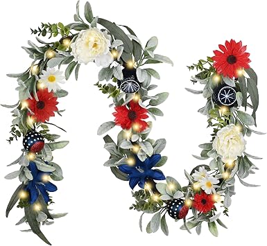 Valery Madelyn 6FT 4th of July Garland with Lights for Mantle, Red White Blue Patriotic Floral Garland Memorial Day Decorations with Ball Ornaments for USA 250th Anniversary Summer
