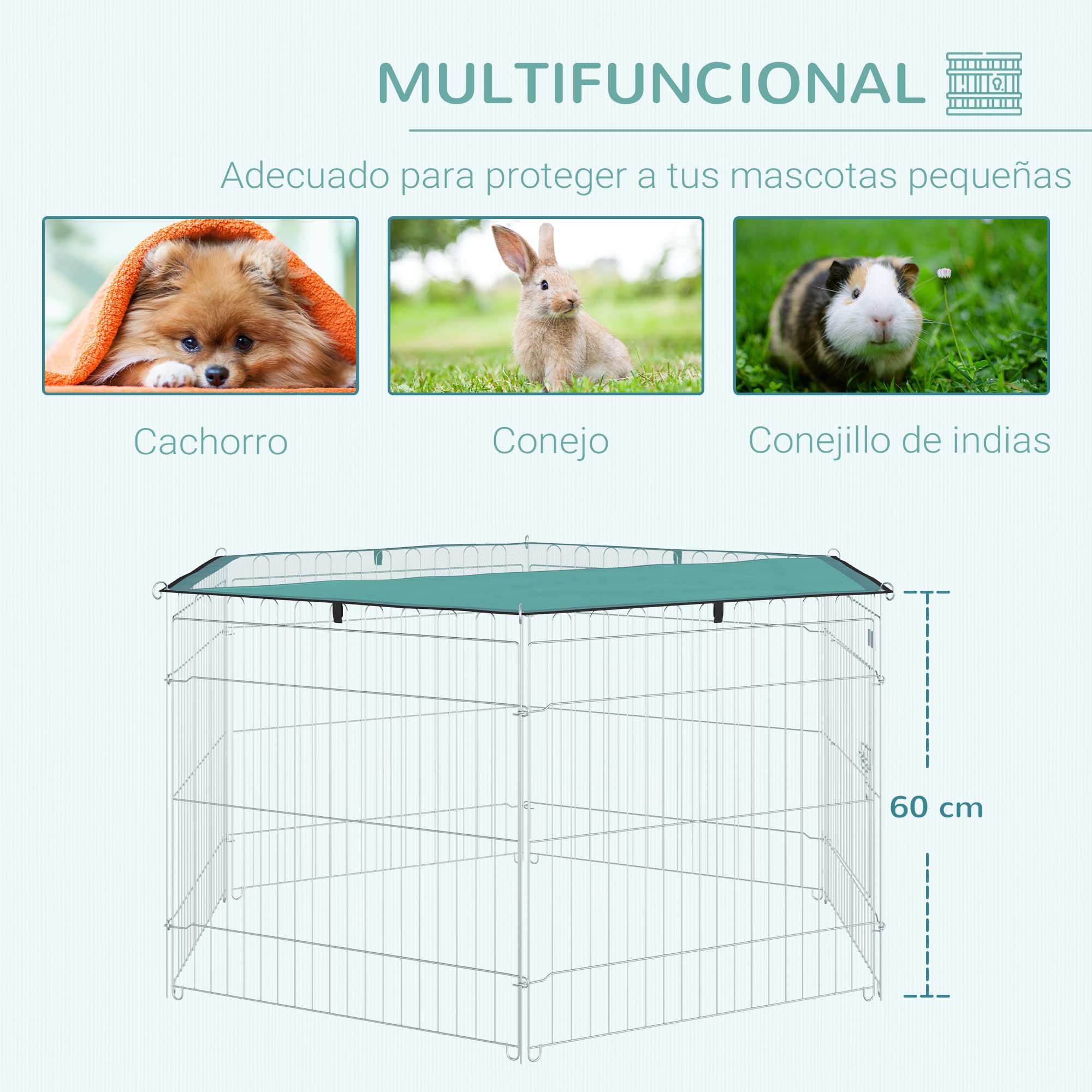 PawHut Parque de Juegos para Perros 6 Paneles 59x60 cm Plegables Empalme Libre Valla Metálica para Mascotas con Puerta con Pestillo y Toldo Superior para Jardín Patio Exterior Plata