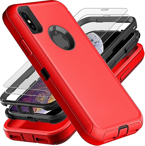 Funda para iPhone Xs Max, grado militar 3 en 1, resistente a los golpes, a prueba de caídas, polvo con 2 protectores de pantalla de vidrio templado