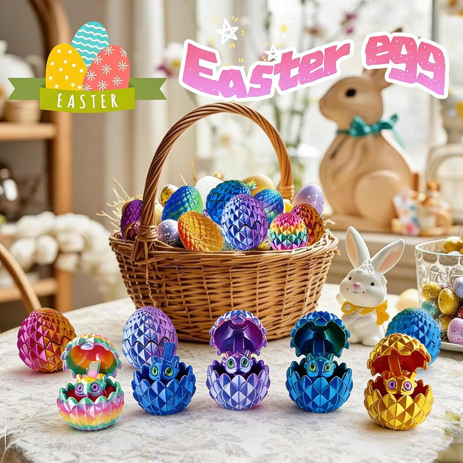 15PCS 3D Printed Dragon Eggs with Dragon Inside,Mystery Crystal Dragon Toy Set,Cool Easter Basket Stuffers for Boys Girls,3D Printed Dragon Valentines,Home Office Desk Decor(5 Colors)
