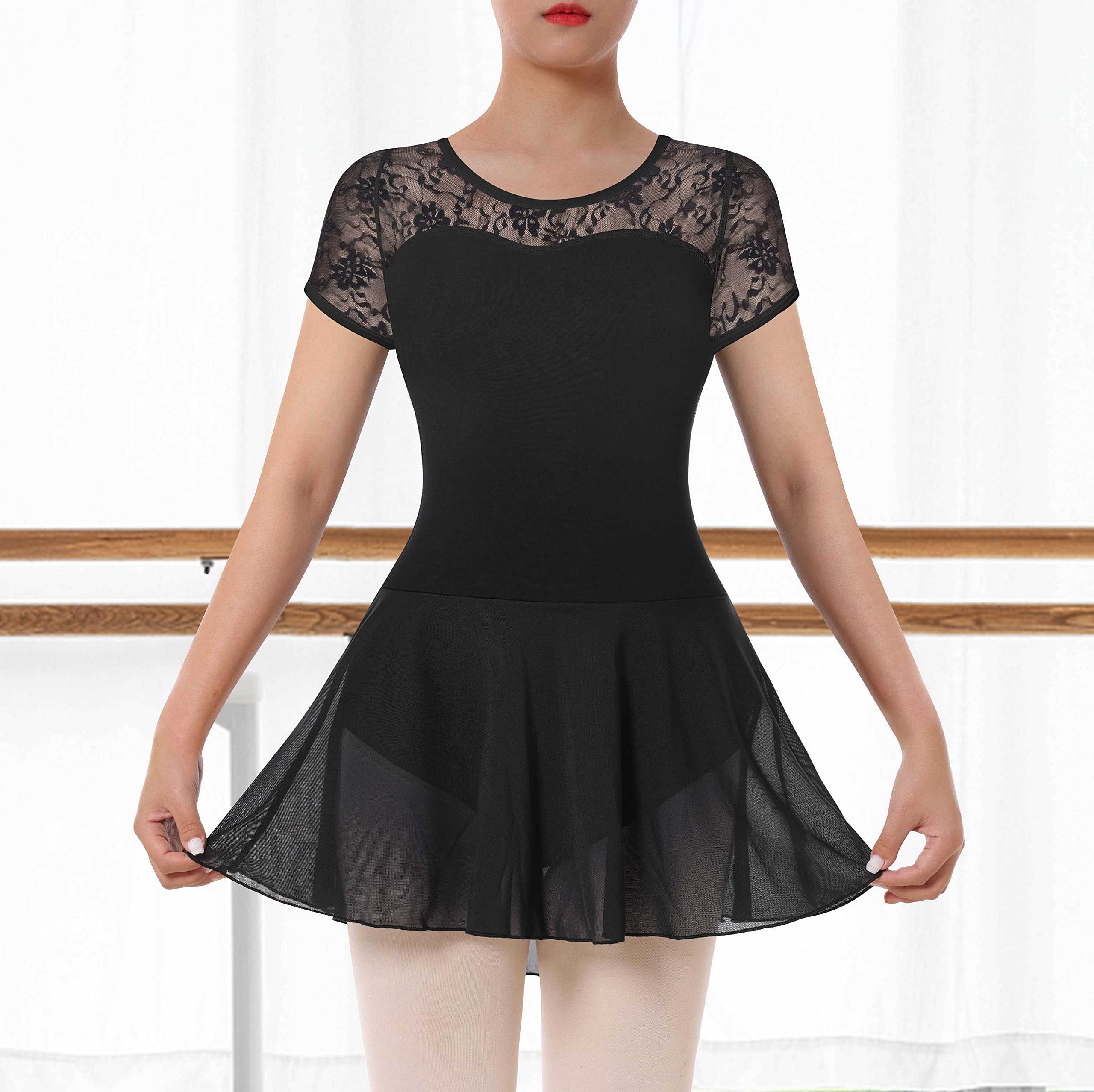 Femmes Ballet Dentelle Justaucorps Adulte Manches Courtes Gymnastique Danse Ballet vêtements Robe Ballerine Dancewear