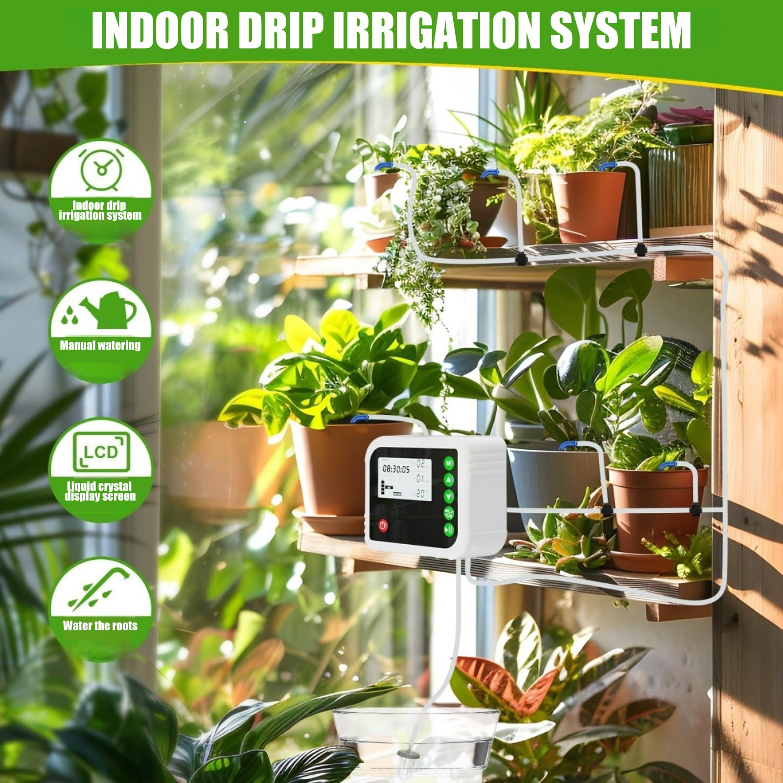 Contrôleur d'arrosage goutte à goutte automatique pour pot avec modes automatique et manuel, tubes et goutteurs pour conteneurs de balcon, zones de jardin, minuterie d'arrosage automatique