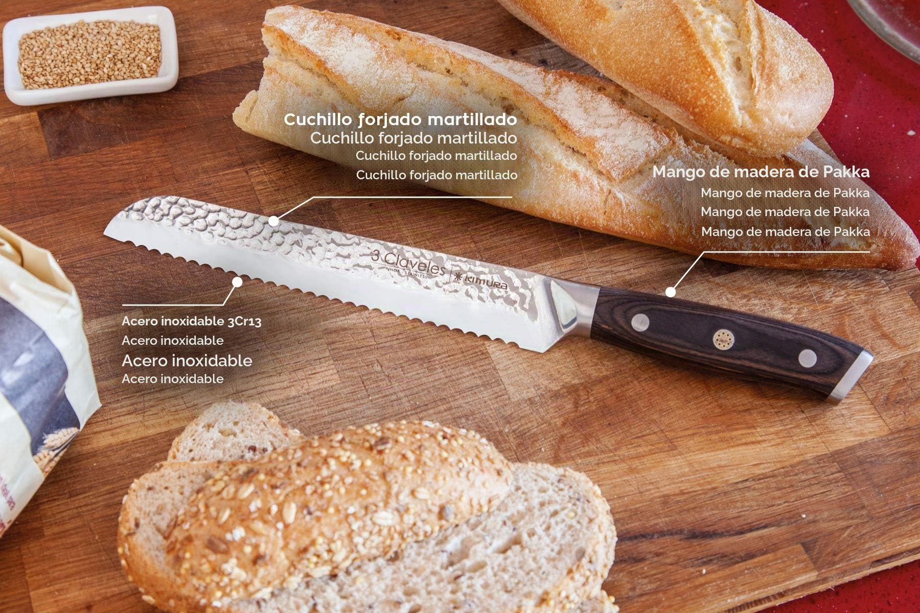 3 Claveles Juego de cuchillos de cocina profesionales de cocina de acero inoxidable + tijera de cocina con + taco de fibras, Juego 3 Cuchillos + Tijera + Taco KIMURA