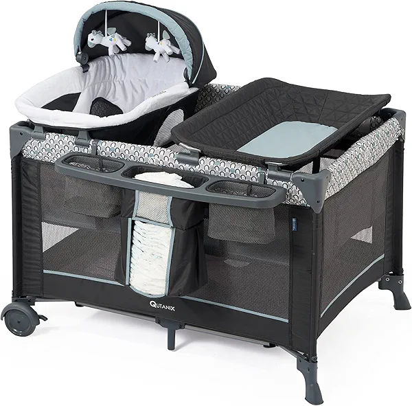 5 in 1 Multifunctional Pack and Play,Qutanix Foldable Baby Crib with Bassinets,Changing Table,Newborn Napper with Canopy,Diaper Stacker,Baby Playpen for Babies and Toddlers