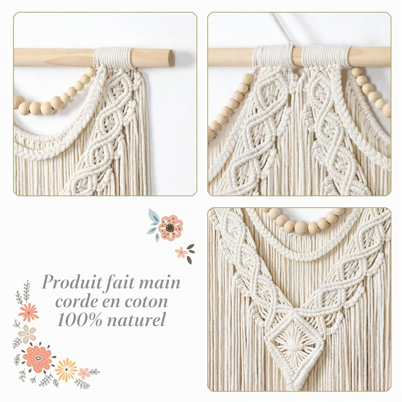 Dremisland Macramé Tenture Murale Grande Boho Chic Tissé Tapisserie Feuille Gland Art Coton Corde Bohème Macramé Décoration Murale pour Chambre Salon Appartement Toile de Fond (Perles en bois)