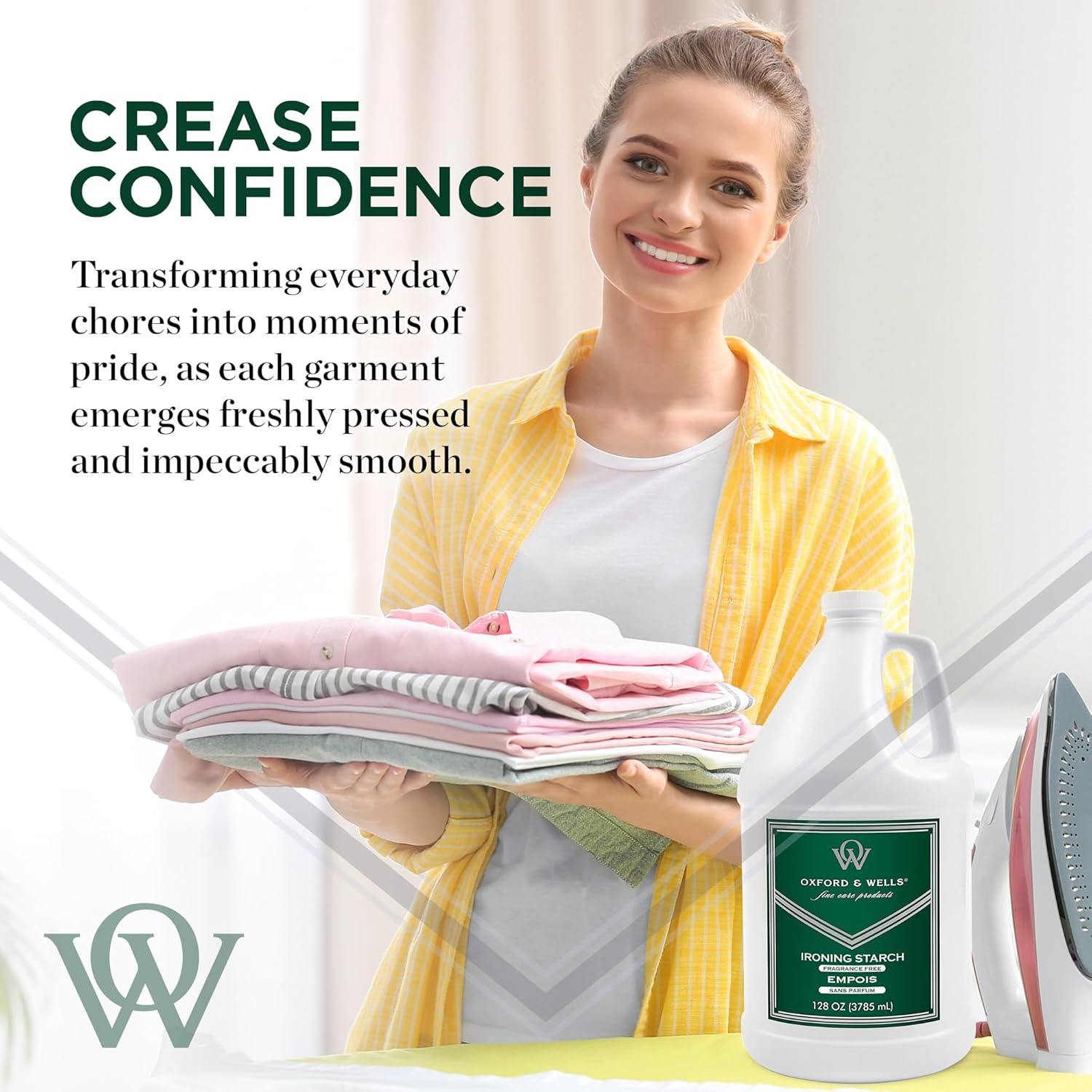 Oxford & Wells Premium Wrinkle Releaser Spray Starch - Ironing Spray, Fragrance-Free, Non-Aerosol Fabric Care - Non-Flaking, Non-Streaking, Gentle on Fabrics - Wrinkle Spray for Clothes - 128 Ounce