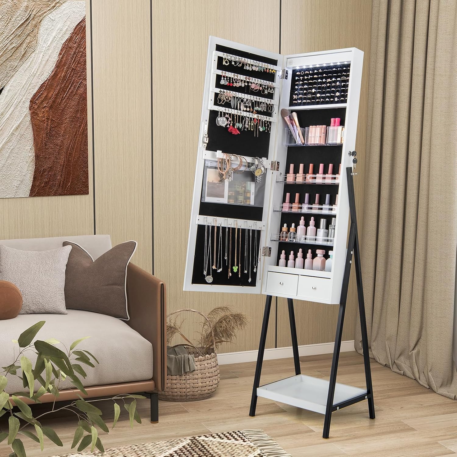 GOFLAME Mirror Jewelry Cabinet Armoire, Lockable Jewelry Storage Cabinet with Full-Length Mirror, 3-Color LED Lights, Bottom Shelf, Standing Jewelry Armoire for Bedroom, Dressing room, White