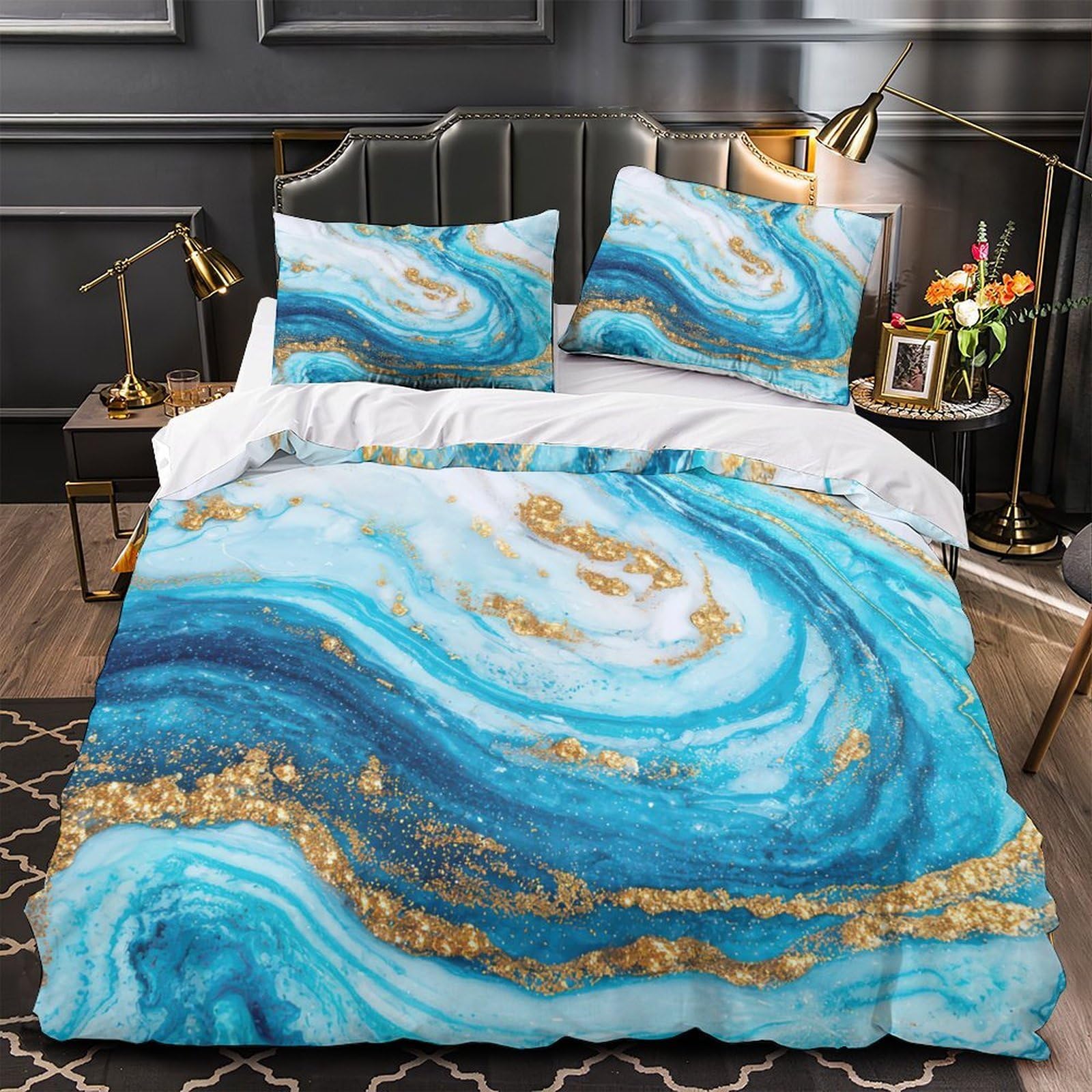 Housse de couette anti-allergie bleu marbre pour le sommeil d'un ado