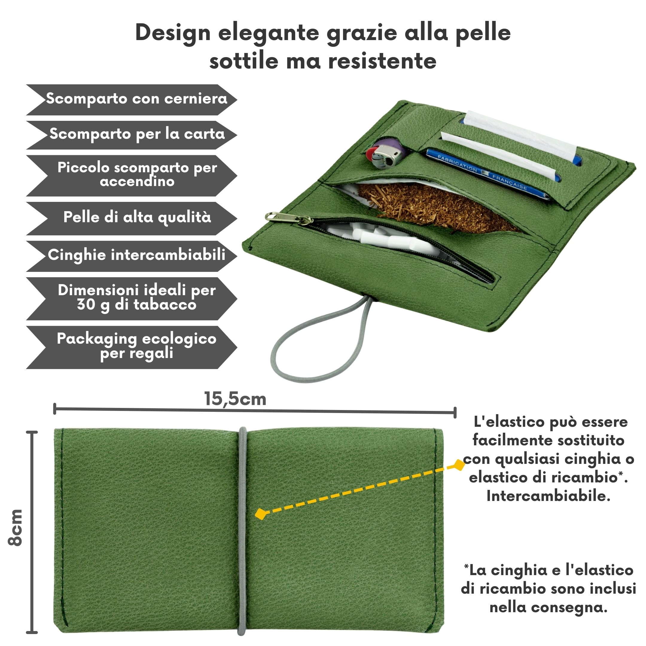 SIMARU Porta Tabacco in Vera Pelle e Cuioio | Lavorazione Artigianale | Scomparti per Cartine, Filtri e Accendino | Astuccio Borsello Sacchetto 30g (Geyser)
