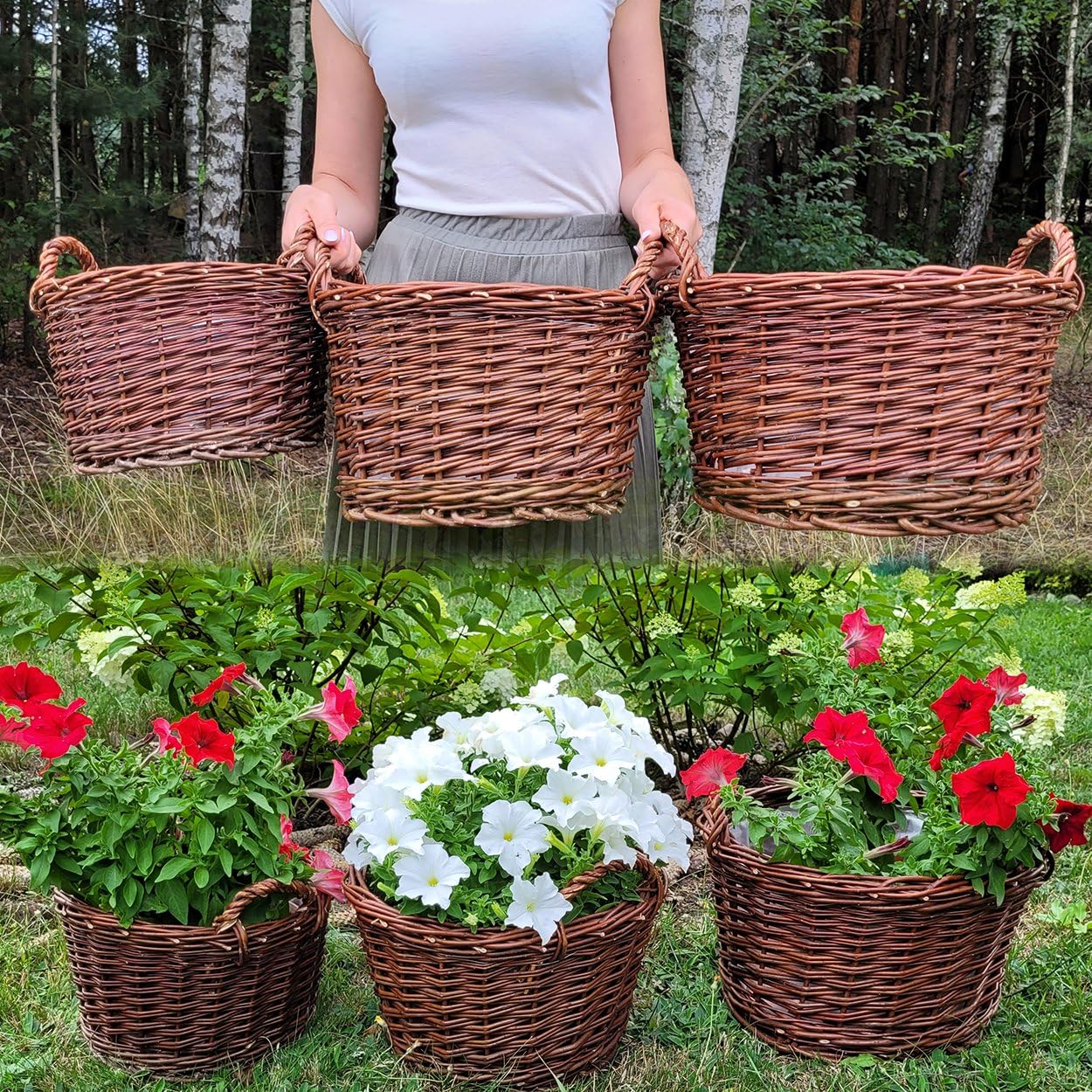 weeco Lot de 3 Cache-Pots en Osier pour Pots de Fleurs - Paniers en Osier avec écorce - Cache-Pot tressé - Pot de Fleurs Ovale pour Fleurs, Plantes, Panier Naturel