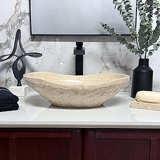 Natural Tan Travertine Vessel Sink – Modern Rustic Chiseled Oval Canoe B...