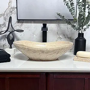Natural Tan Travertine Vessel Sink – Modern Rustic Chiseled Oval Canoe Bathroom Sink – Hand-Carved Marble – Real Stone Basin