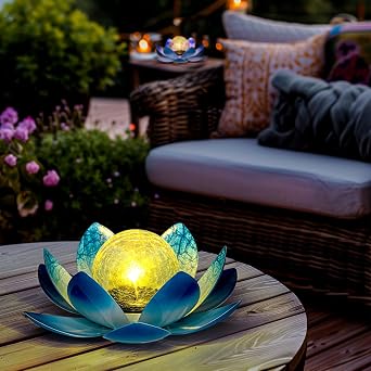 GIGALUMI Solar Light Outdoor Garden Decor, Lotus Flower Light Crackle Globe Glass Lantern Outdoor Table Decor Waterproof for Patio, Lawn, Pathway, Pool, Pond, Christmas Gift Blue Petal