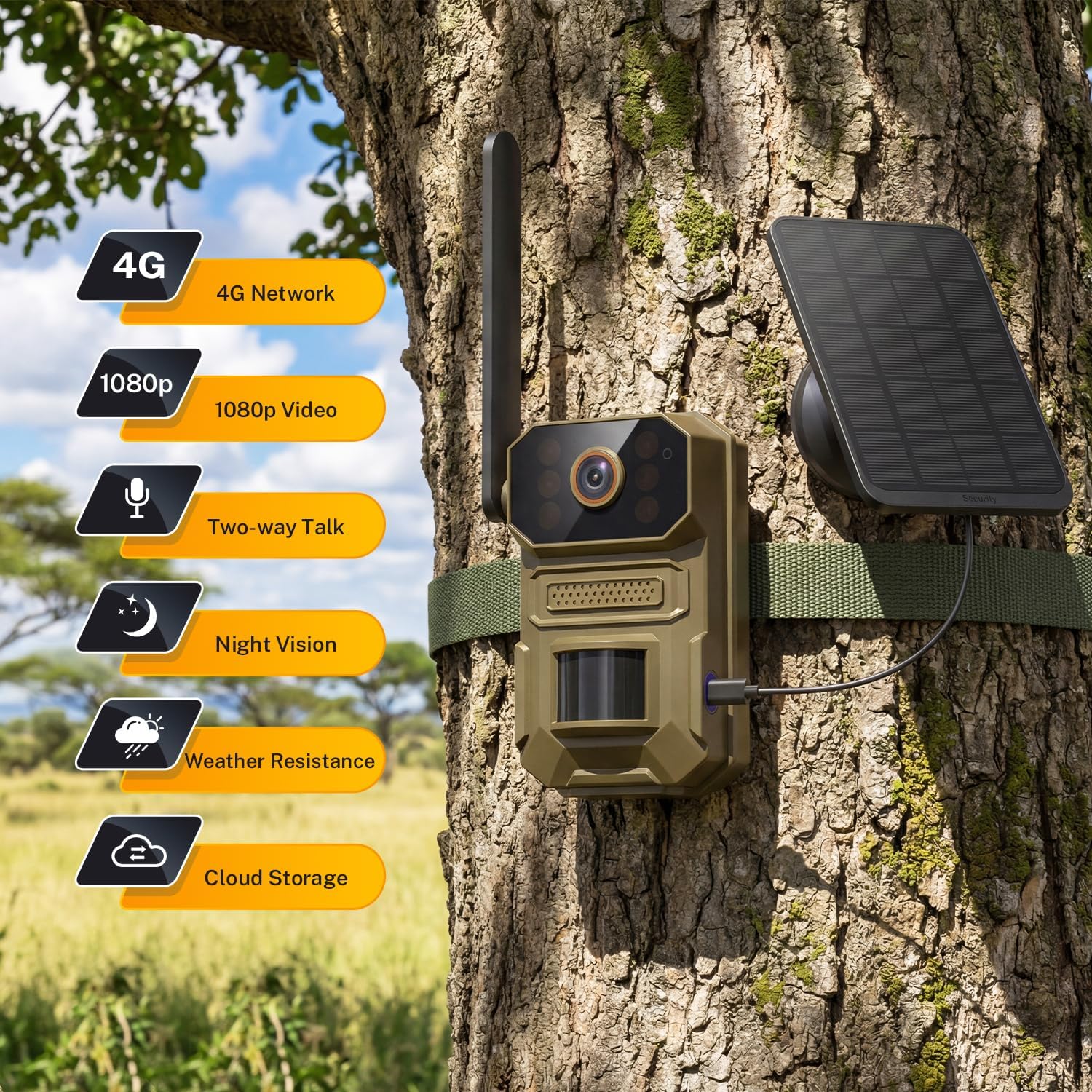 4G LTE Cellular Outdoor Security Camera,1080p for Home Security with Motion Detection, 2-Way Audio, Night Vision, IP65, Solar Panel, Built-in SIM Card, Unlimited Plan (Sold Separately)