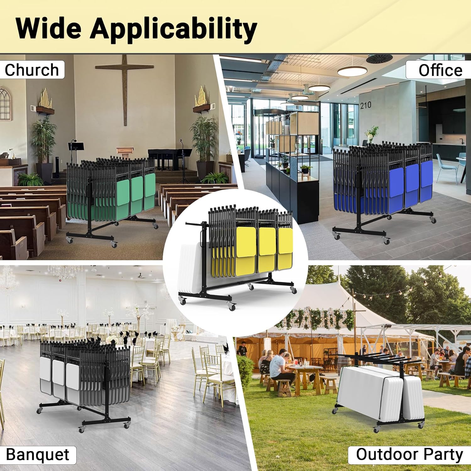 Folding Chair Rack, Heavy-Duty Folding Chair Cart with Swivel Wheels, 600 LBS Capacity for 12 Tables or 42 Chairs, Chair and Table Cart w/Dust Cover and 2 Binding Ropes, 72”L x 33”W x 42”H