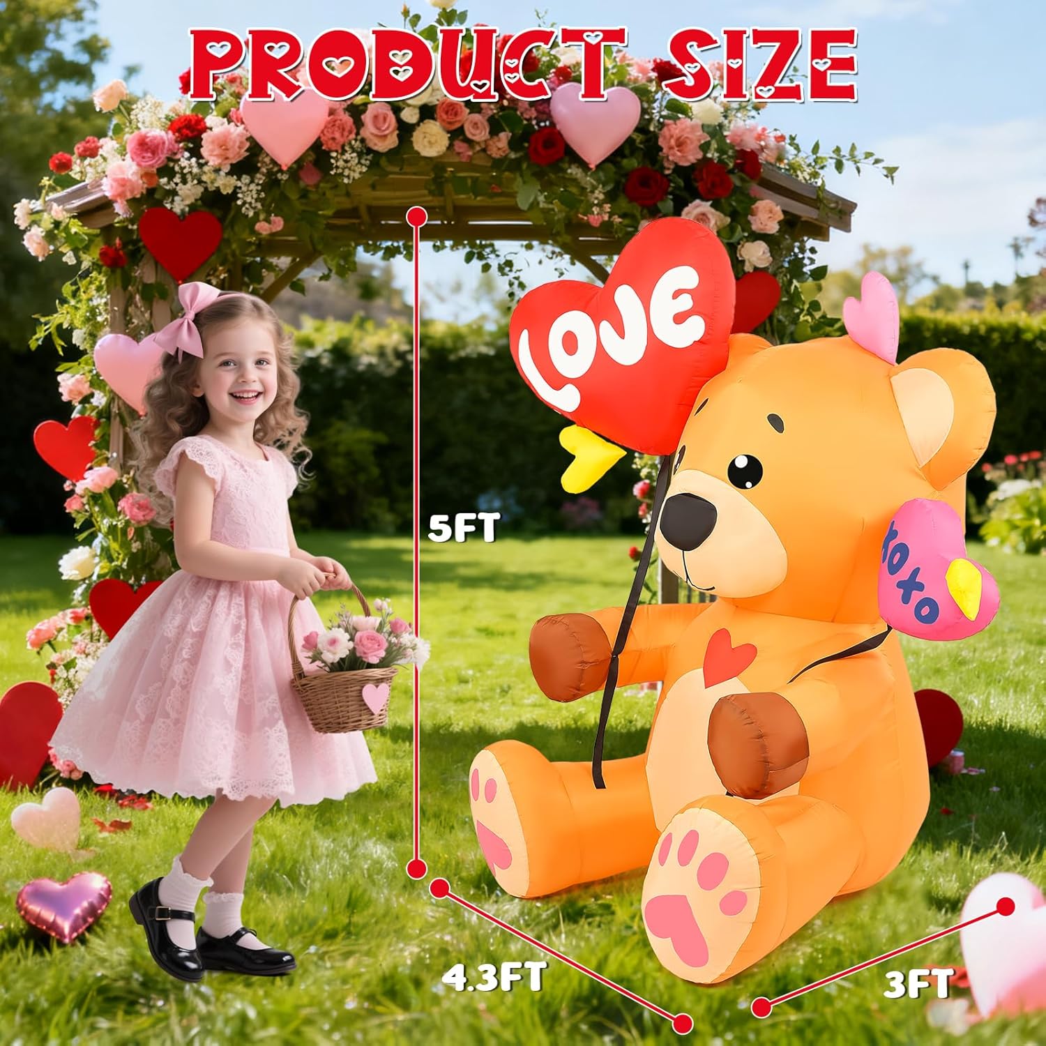 LETIME 5 FT Valentine's Day Inflatable Outdoor Decorations Bear with 2 Heart Balloons LED Lighted Valentines Blow up Yard Decoration for Party, Anniversary, Wedding, Propose, Garden, Lawn