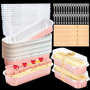 120Pcs/30Set Mini Loaf Pans with Lids and Spoon, 200ml Aluminum Loaf Cake Cases, Reusable Foil Mini Loaf Tin, Baking Pans with 30 Stickers for Cake Bread Baking Pink