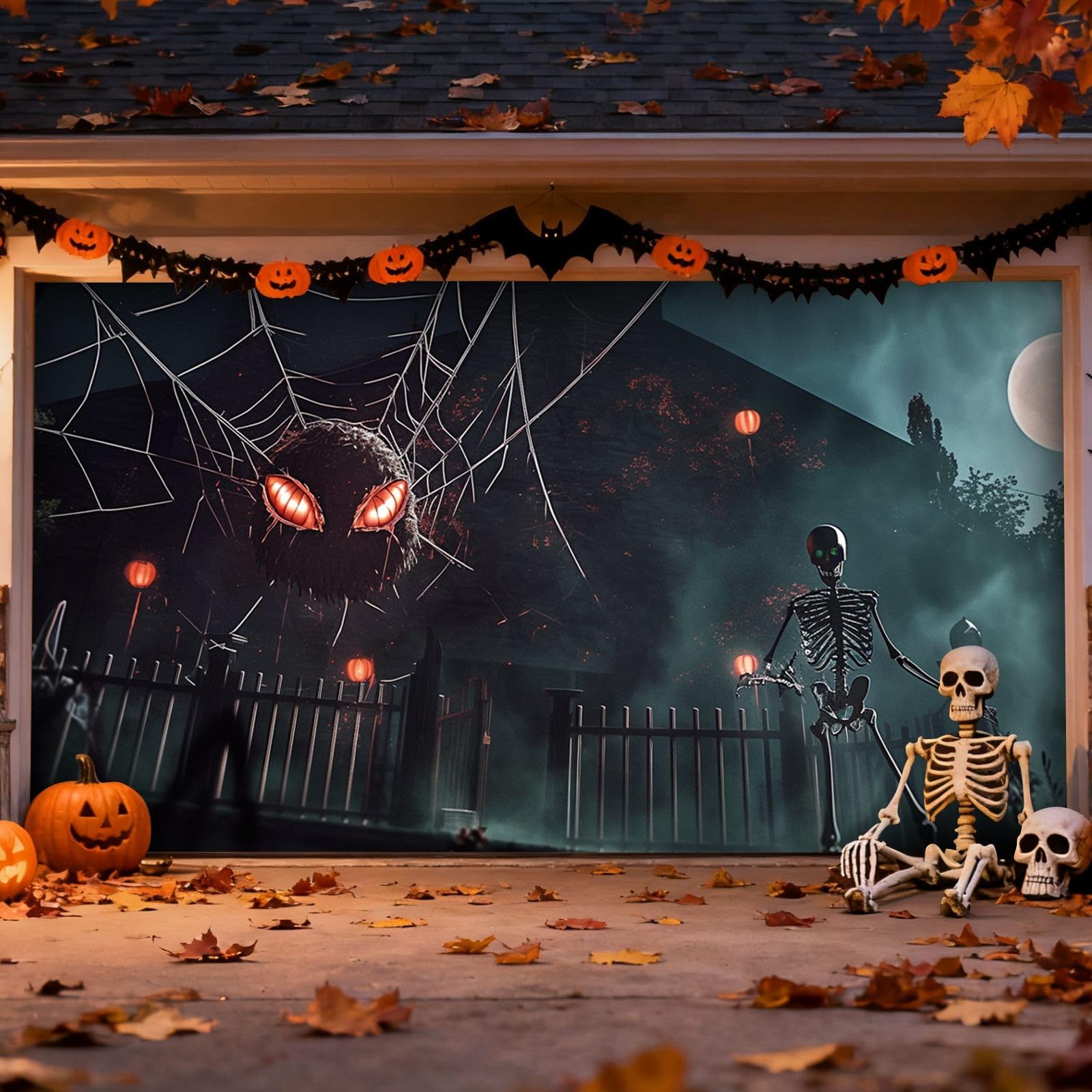 Cartel de buena suerte para Halloween, para puerta de garaje, grande, para exteriores, para porche delantero, fiesta, festival, diseño de murciélago de calabaza aterrador