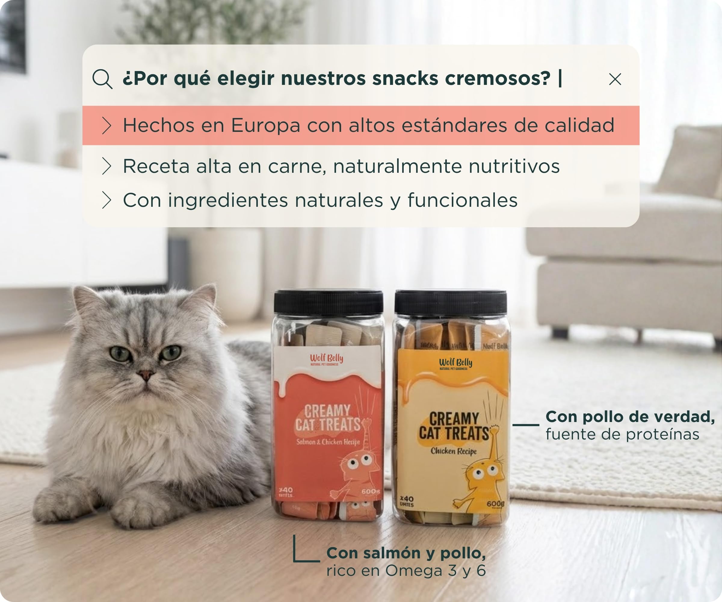 Wolf Belly - Snacks Gatos de Salmón y Pollo (40 uds x 15g) Textura Cremosa | Chuches Saludables y Deliciosas | Altos en Proteínas y Omega 3 | Sin Cereales ni Colorantes Artificiales - Hecho en España