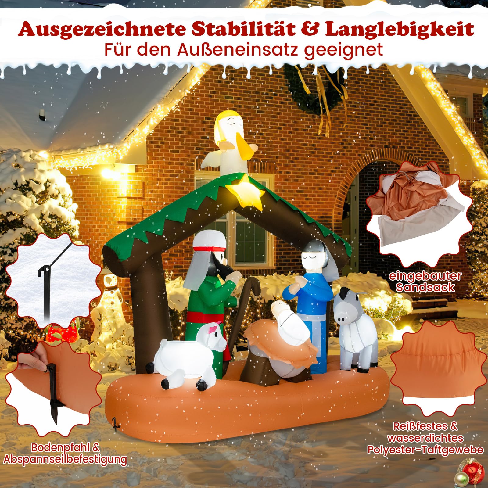 COSTWAY 180 cm Aufblasbare Weihnachtskrippe, Weihnachtsdeko mit LED-Lichter, Nachstellung der Geburt Jesu, Weihnachtsbeleuchtung, Weihnachtsdekoration für drinnen und draußen, selbstaufblasend
