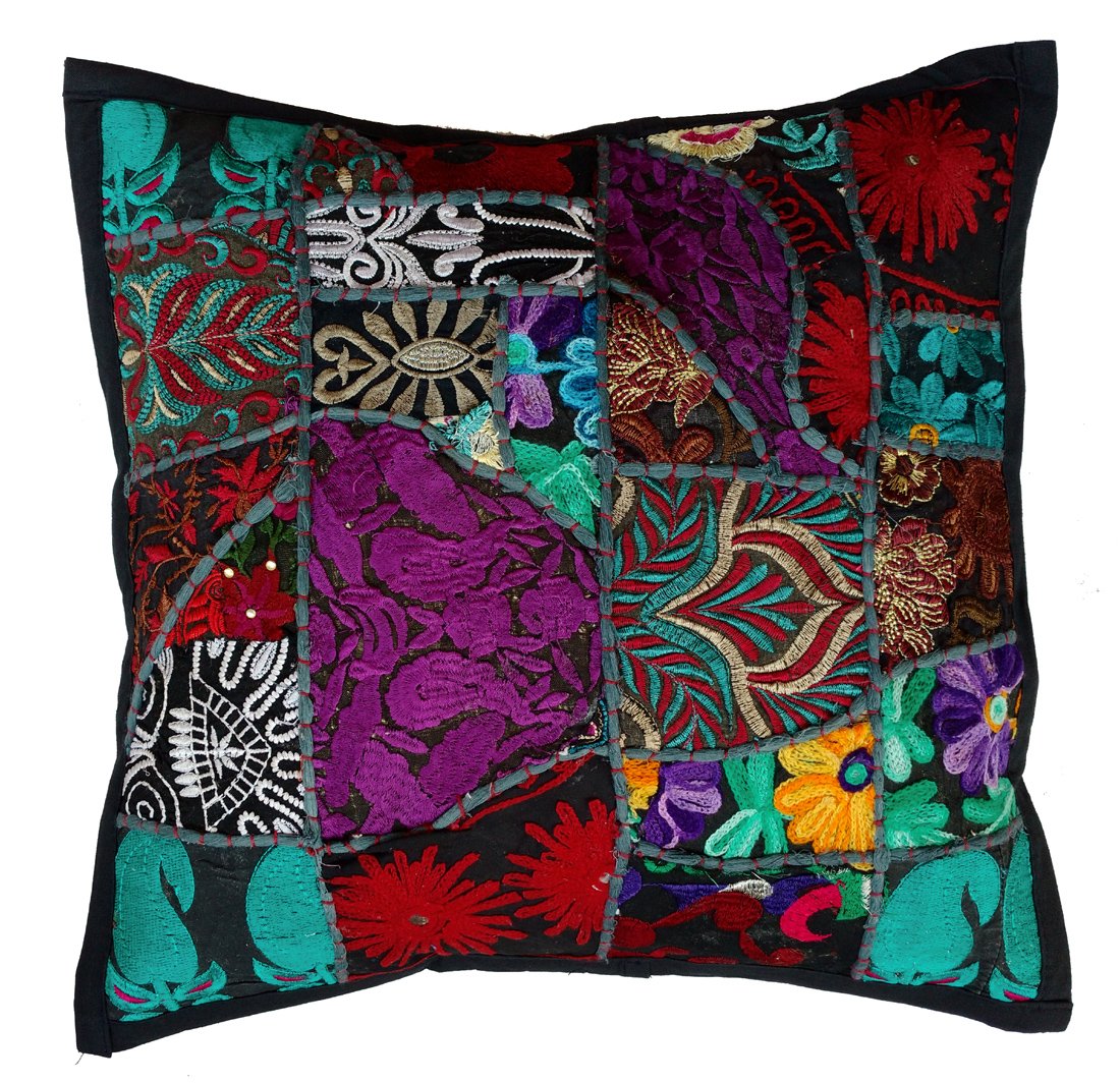 Rastogi Handicrafts Handmade Patchwork Cushion Pillow, Sari Patch Throw Pillow Indian Ethnic Pillow Covers Embroidered Sari Patchwork Cushion Cover (Black)