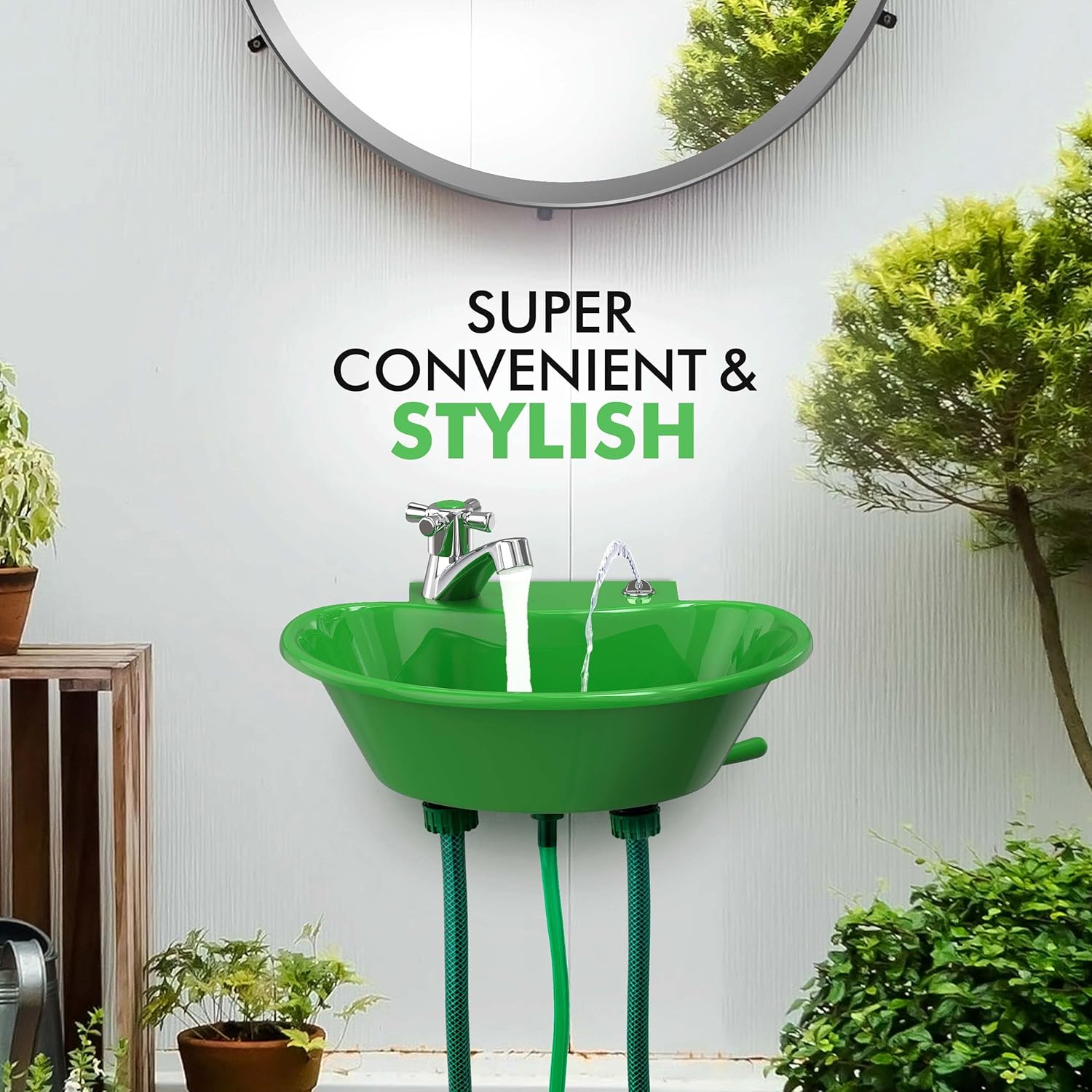 Tribello Outdoor Sink and Drinking Fountain - 2 in 1 Easy to Install Outdoor Garden Sink for Hand Washing, Gardening, Vegetable Washing, Grilling, Garage Work and More (16x10x5)