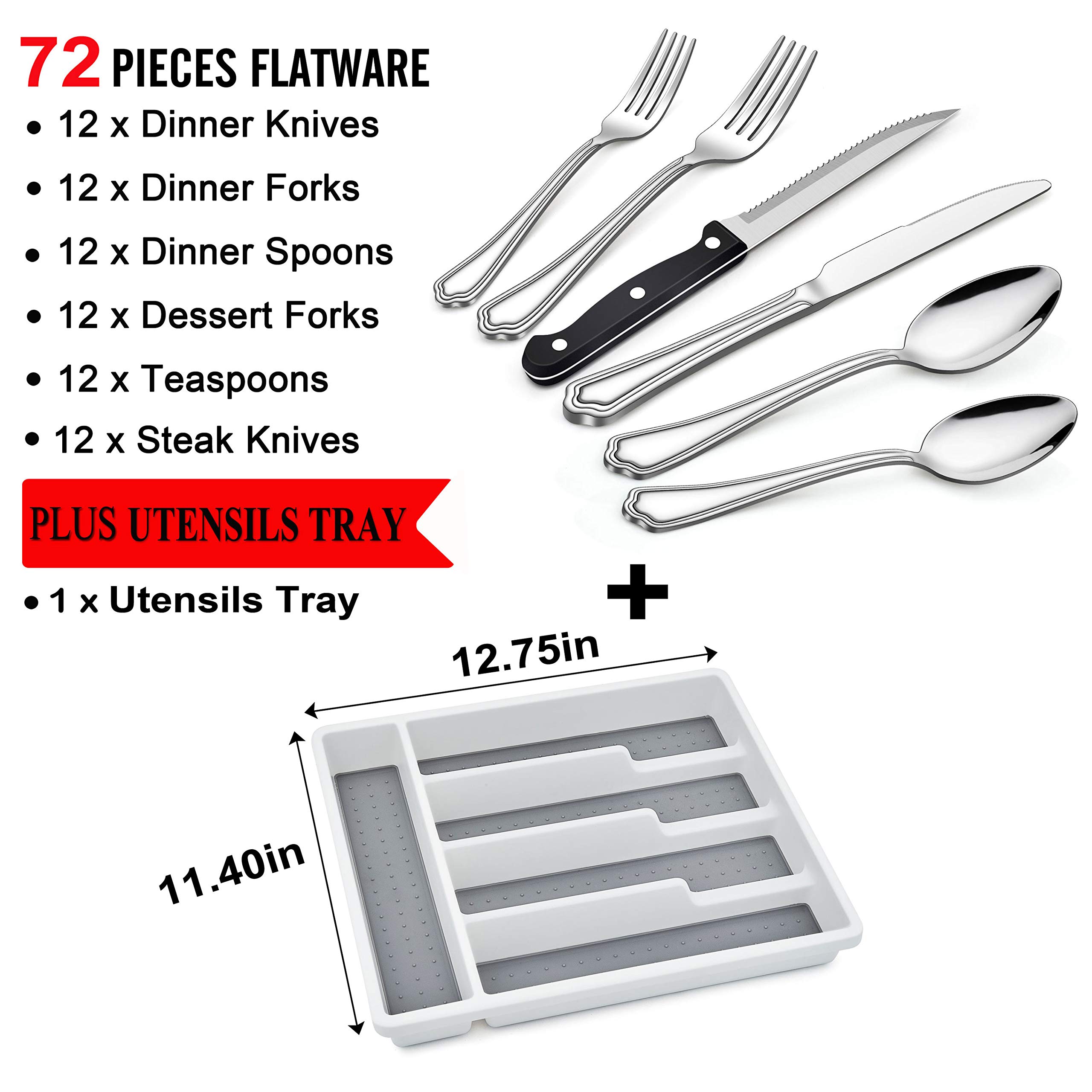 LIANYU 72-Piece Silverware Set with Steak Knives and Organizer Tray, Stainless Steel Cutlery Flatware Set for 12, Tableware Eating Utensils with Scalloped Edge, Dishwasher Safe, Mirror Polished