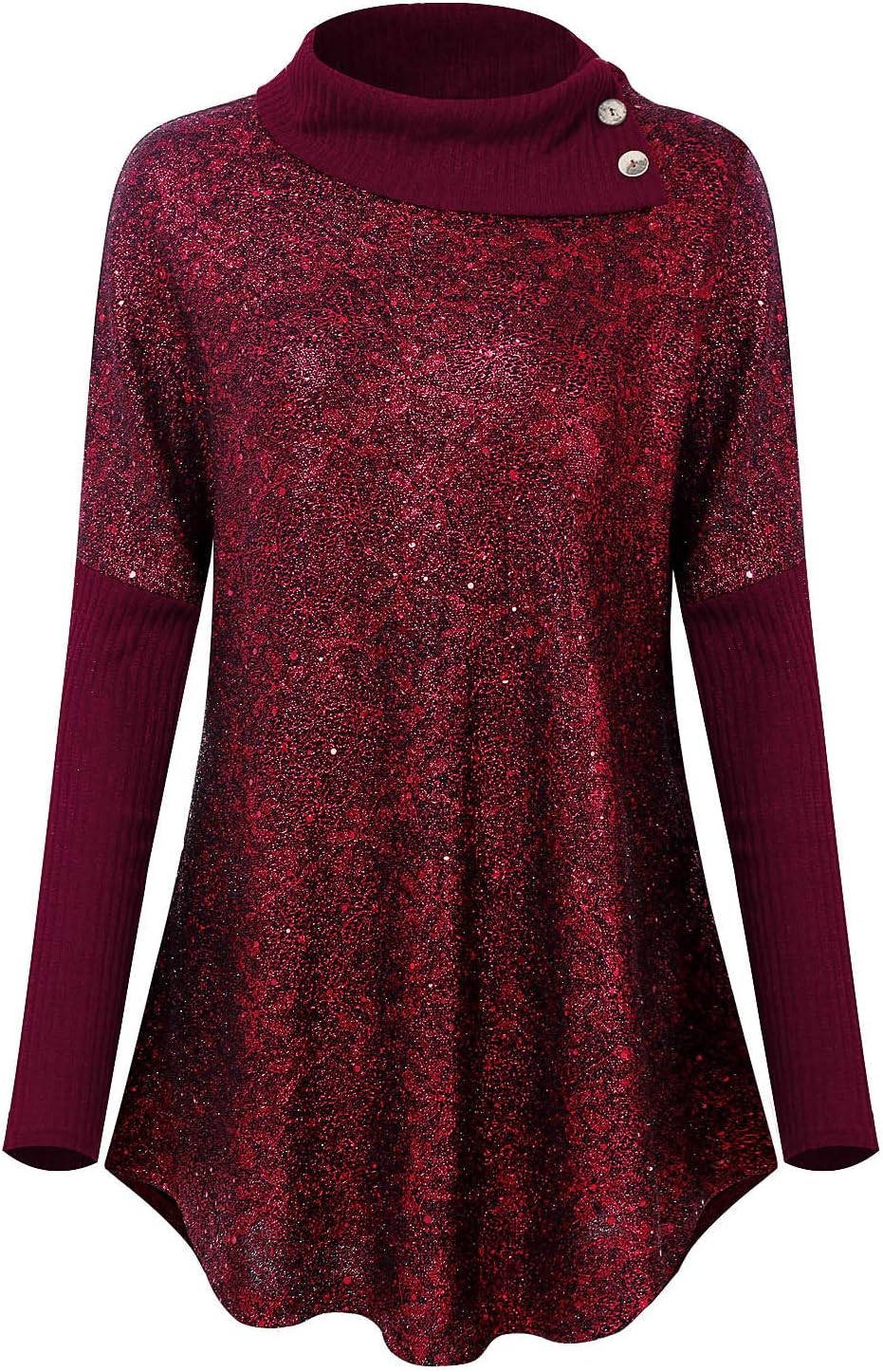 ABYOXI Plus Size Sequin Top Lapel Neck Party Sparkly T-Shirts for Women Fall Long Sleeve Loose Tunic Tops Juniors Dressy Office Blouses Red XXL