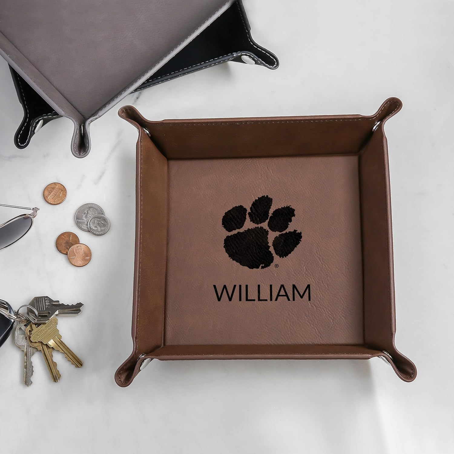 Lifetime Creations Personalized Clemson Tigers Valet Tray (Gray) - Officially Licensed, Tiger Paw Vegan Leather Men's Catchall, Desk Organizer Gift for Basketball Football Fan