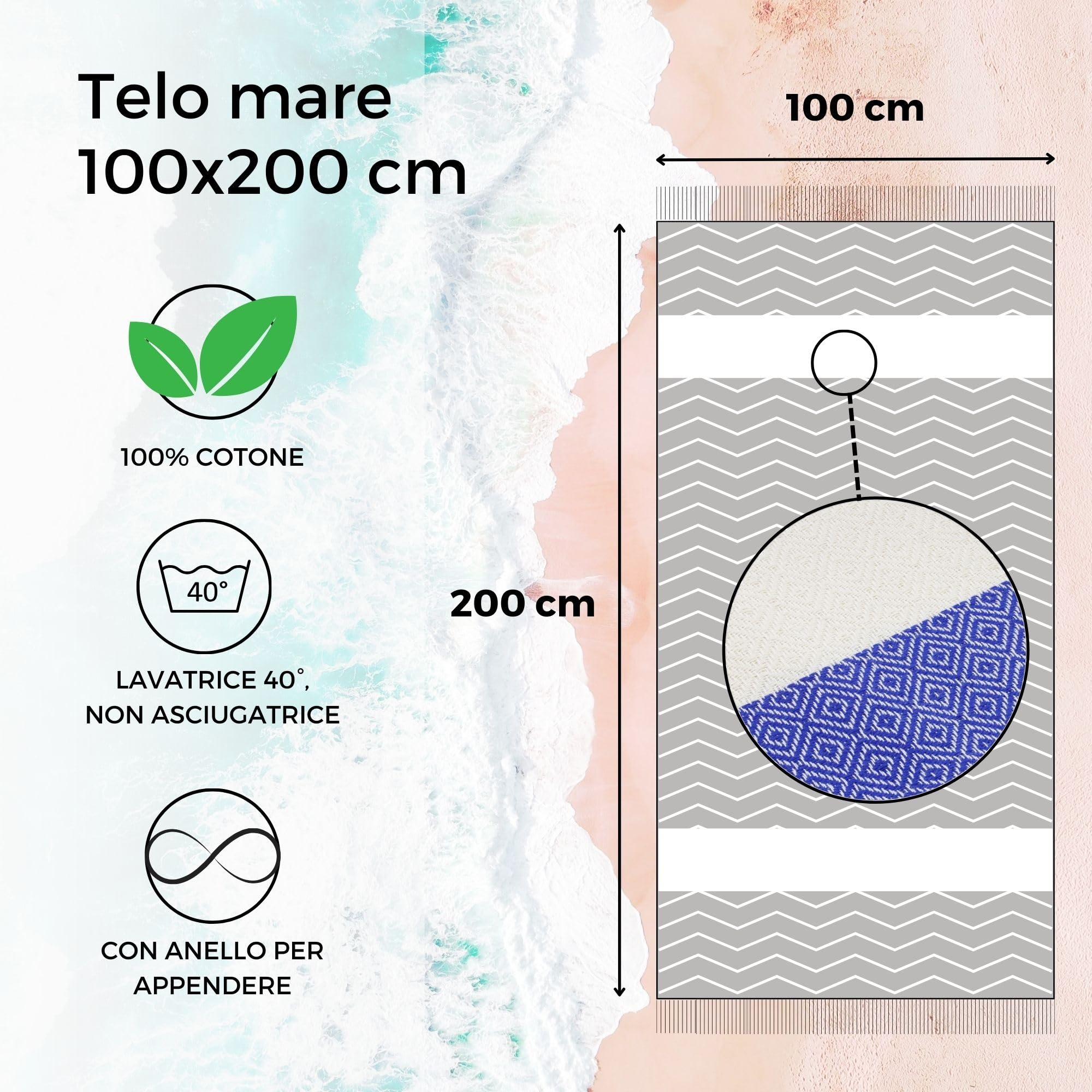 furora HOLIDAY Telo Mare Grande, cotone 100x200 cm | Telo Spiaggia antisabbia | Asciugamano Mare Fouta, frange e angoli - Pareo Donna Uomo Ragazzi | Pic Nic Beach Towel Coperta, lungo leggero