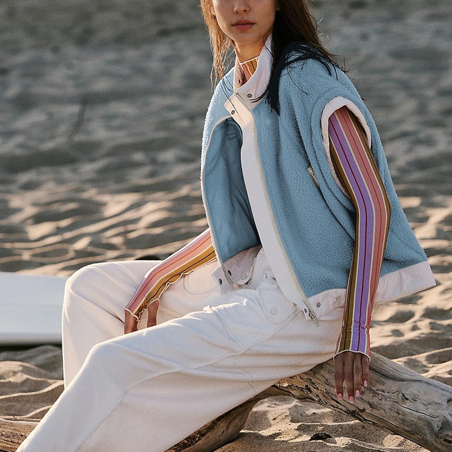 Ainangua Women Fuzzy Moto Fleece Vest Oversized Zip Up Sleeveless Sherpa Jacket Lightweight Warm Vest Top Outerwear - Image 5