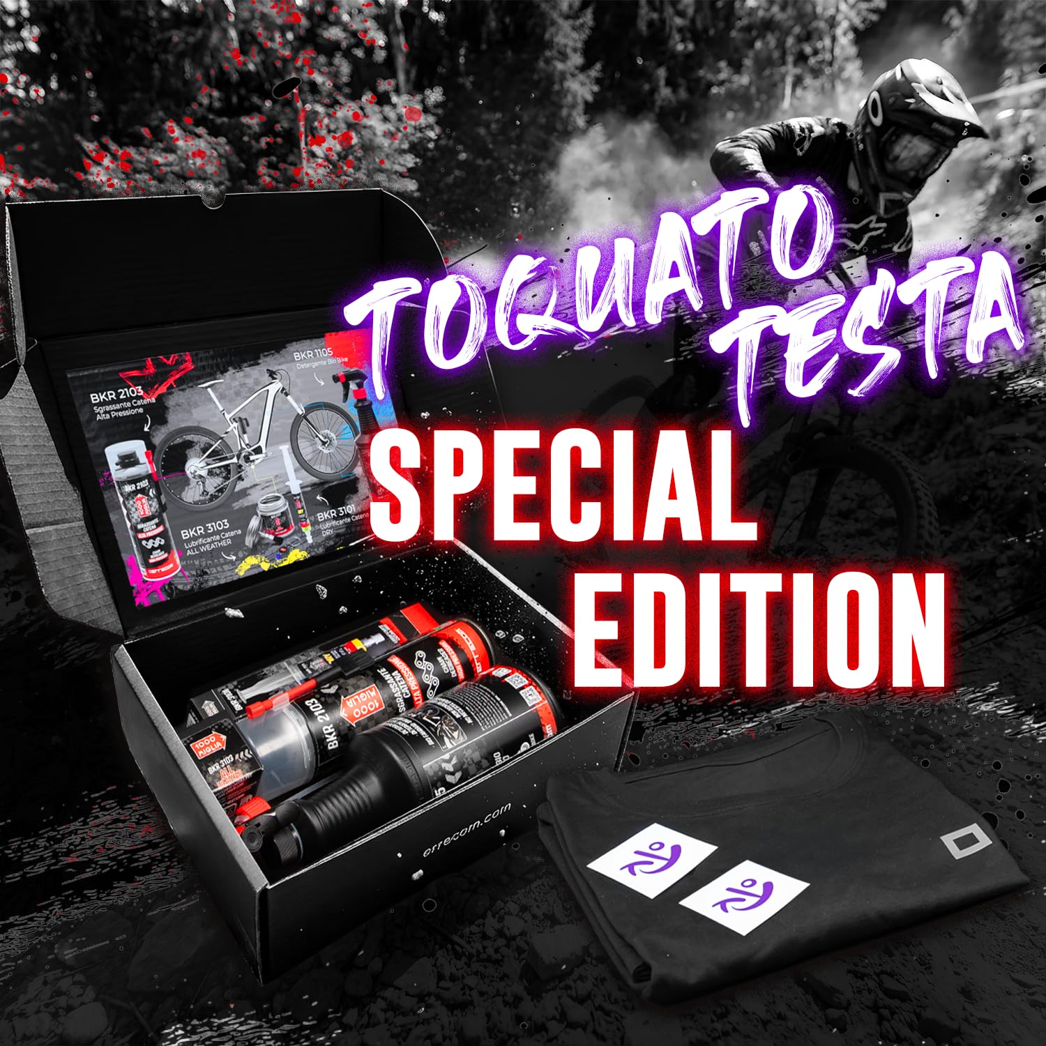 ERRECOM BIKE KIT - TORQUATO TESTA STARTER KIT - con T-Shirt e Sticker Esclusivi, include Detergente Bio Bici, Sgrassante Catena Alta Pressione, Lubrificante Catena Dry e All Weather