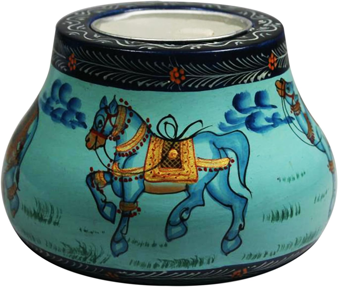Terraacraft Hand Painted Indian Horse Wooden T-Lite Holder (Blue) - Great for Patio, Indoor/Outdoor, Events, Parties, Weddings, Center Pieces for Dining Room Table Decorative T-lite Holders