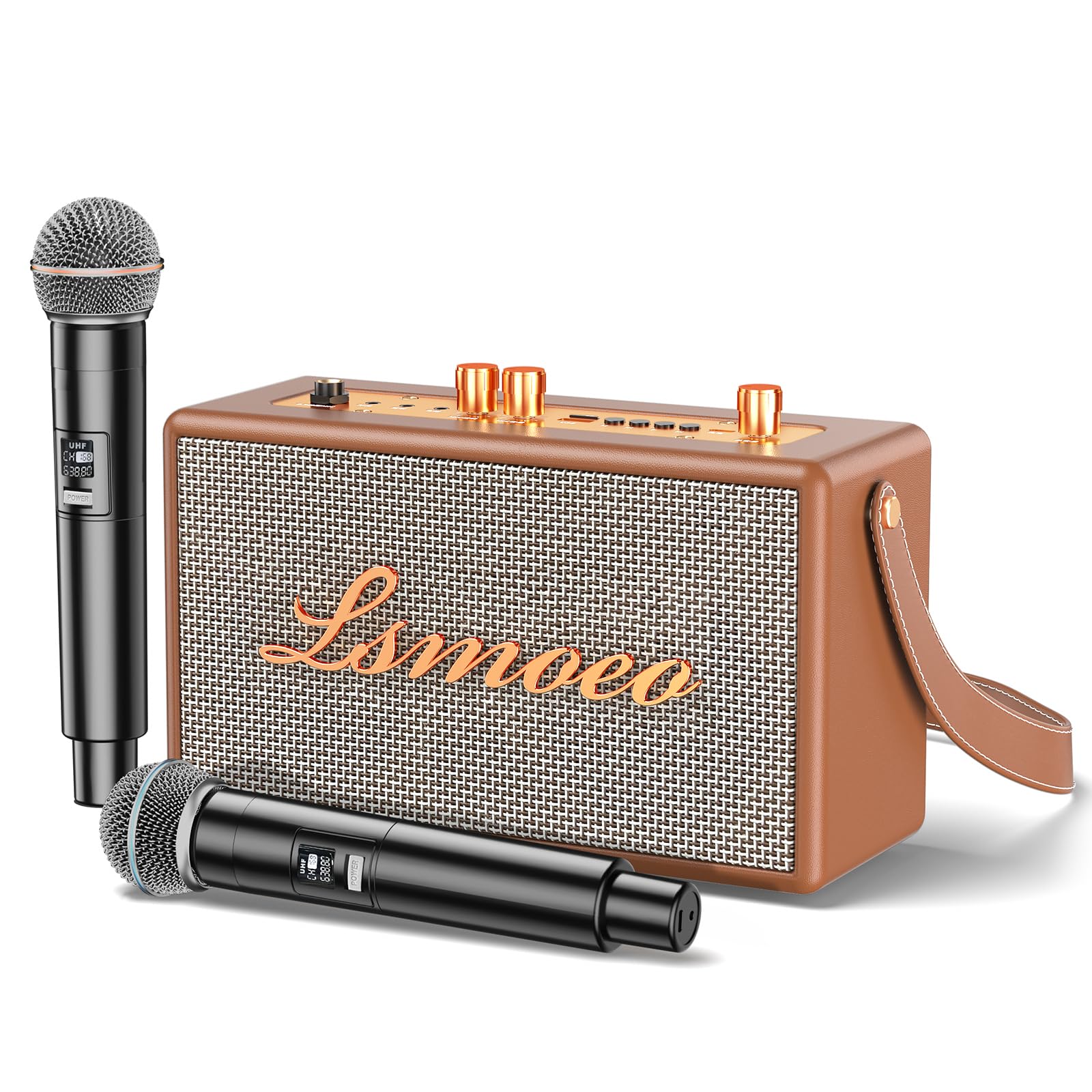 Tragbare Karaoke Maschine Anlage mit 2 Drahtlosen Mikrofonen für Erwachsene & Kinder Bluetooth Lautsprecher Unterstützt Vier-Kanal-Mikrofonerweiterung für Hauspartys,Picknicks/Vintage-Geschenke
