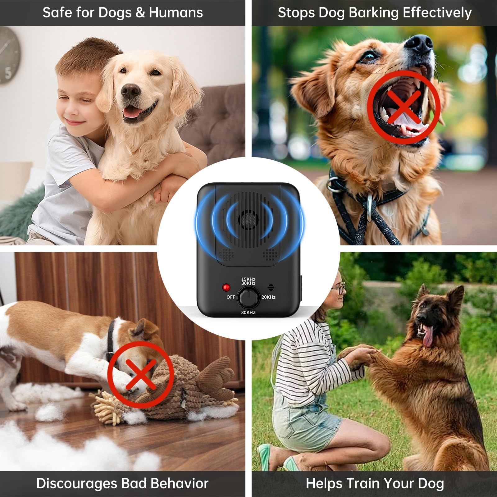 Dispositivo anti-abbaio per cani aggiornato 2025, 3 modalità di deterrente ad ultrasuoni per cani, dispositivo deterrente per abbaiare sonico, 15 m, ricaricabile, per interni ed esterni, per cani di