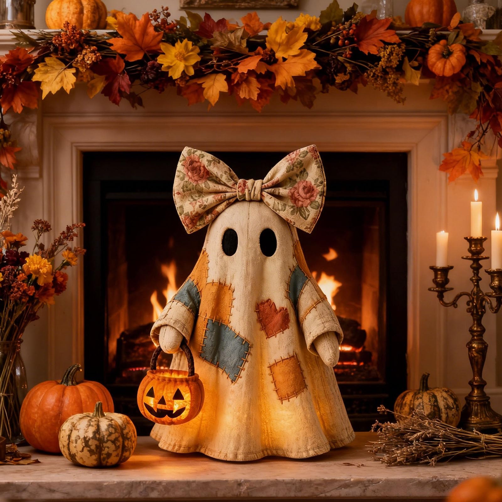 Tencipeda Red Lighted Vintage Patchwork Ghost, Patchwork Ghost With Pumpkin Lantern For Mantel Shelf Entryway Porch Home Decoration