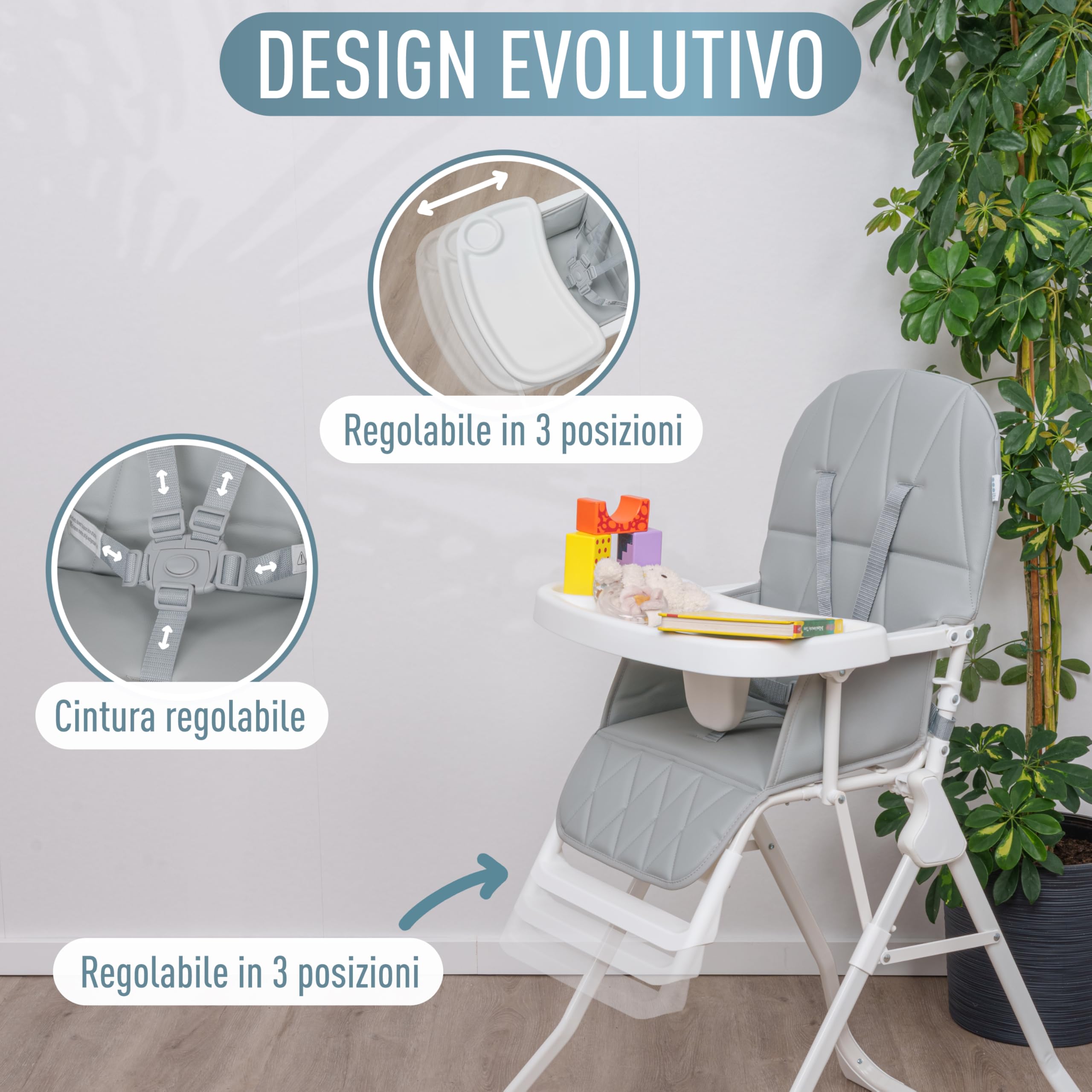 IB STYLE Seggiolone Pappa Leno - Seggiolone Pieghevole e Salvaspazio, Evolutivo con Vassoio e Poggiapiedi, Cintura a 5 Punti, Seduta Imbottita, Facile da Pulire, da 6 Mesi a 3 Anni (15 kg), Grigio