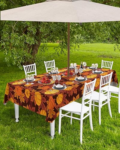 Miniatura 4 de Manteles de Acción de Gracias para exteriores con agujero para paraguas y cremallera, hojas de arce de calabaza, naranja, amarillo, marrón,