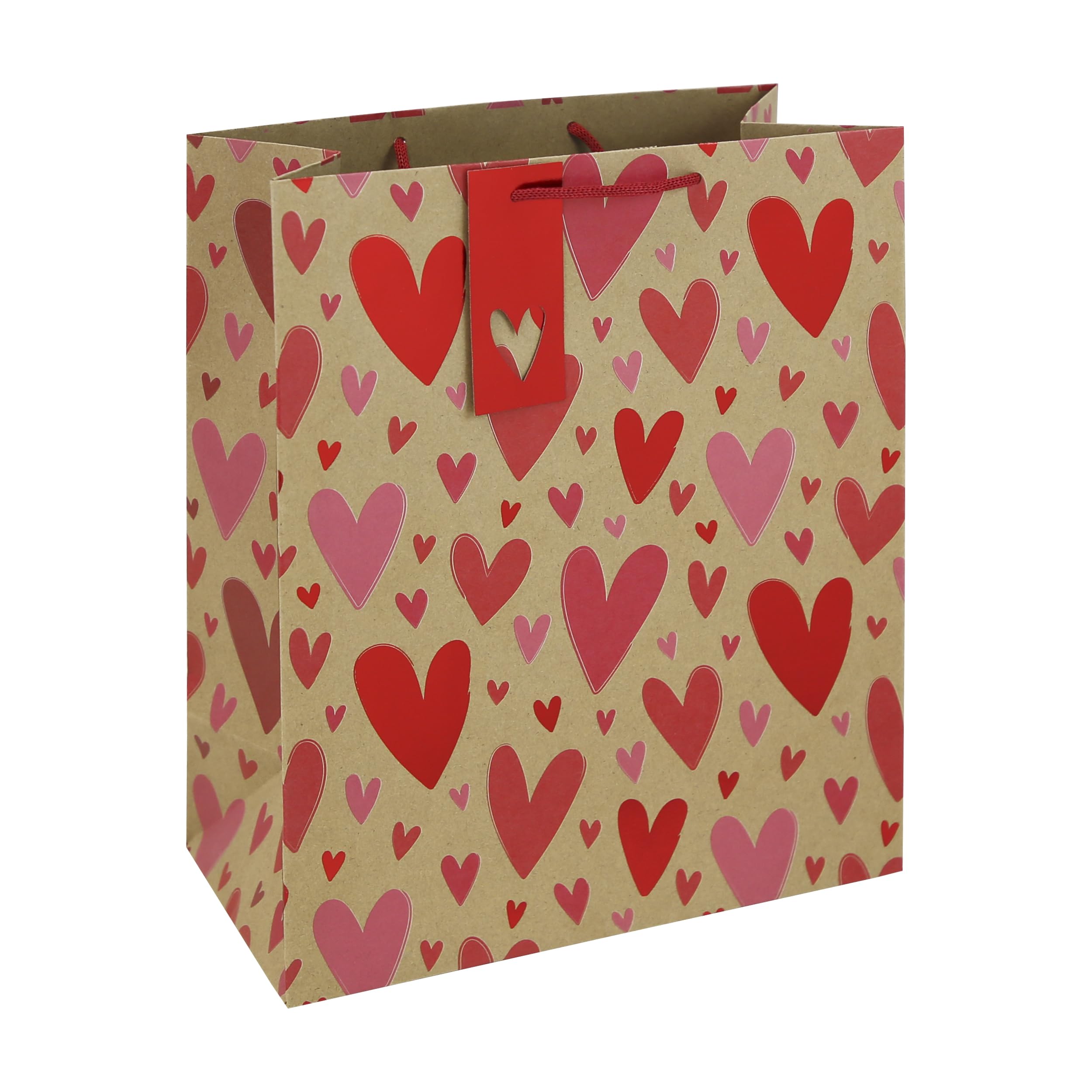 Eurowrap Valentine’s Day Large Gift Bag – Brown Kraft Present Bag with Hearts, Foil Finish, Red Cut-Out Tag & Woven Handle – 100% Recyclable Gift Packaging for Valentine’s Day & Anniversaries