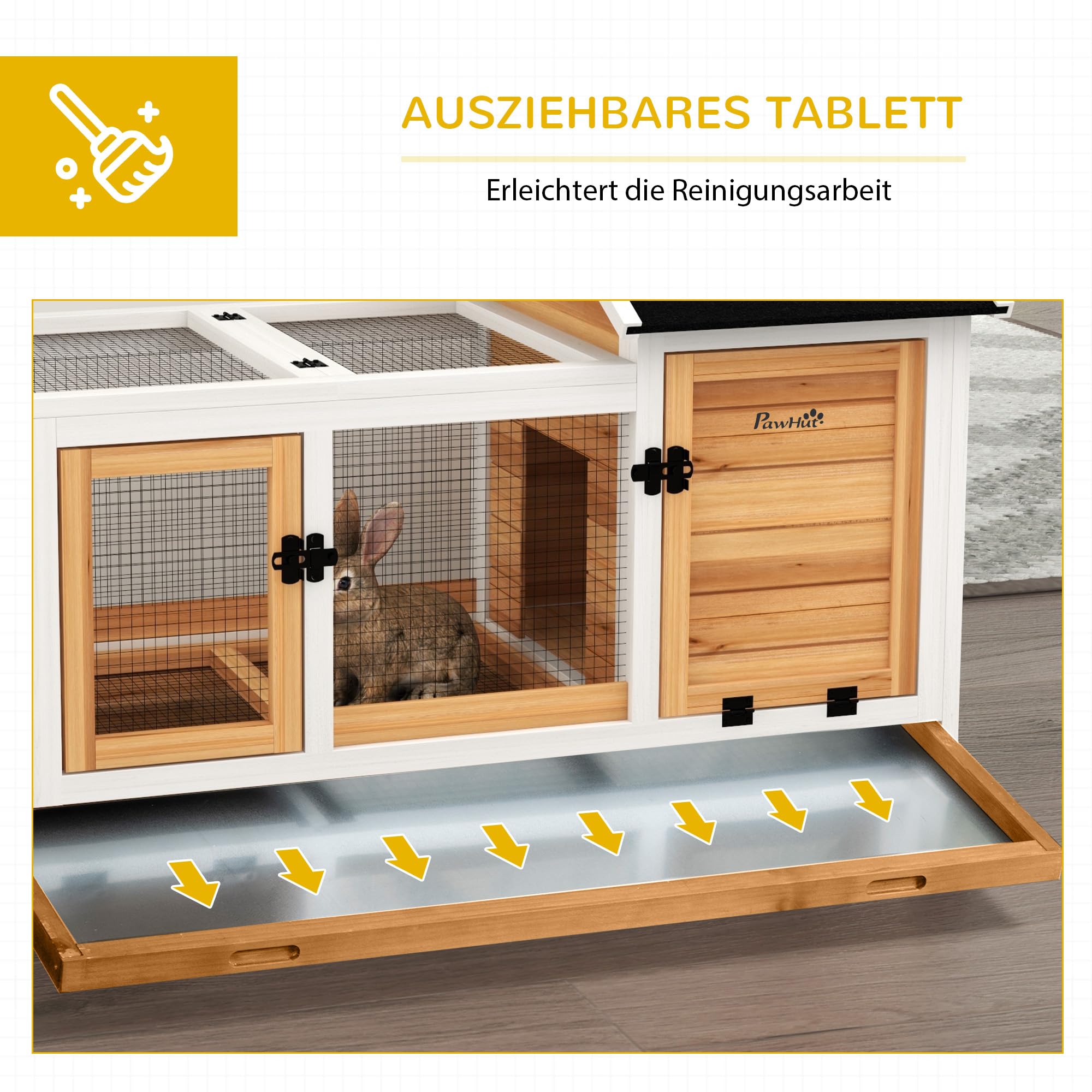 PawHut conigliera nana in legno, 108 x 58 x 73,5 cm Conigliera per piccoli animali con recinto per animali liberi, ruote, tetto incernierato, gabbia per conigli nani con vassoio estraibile per