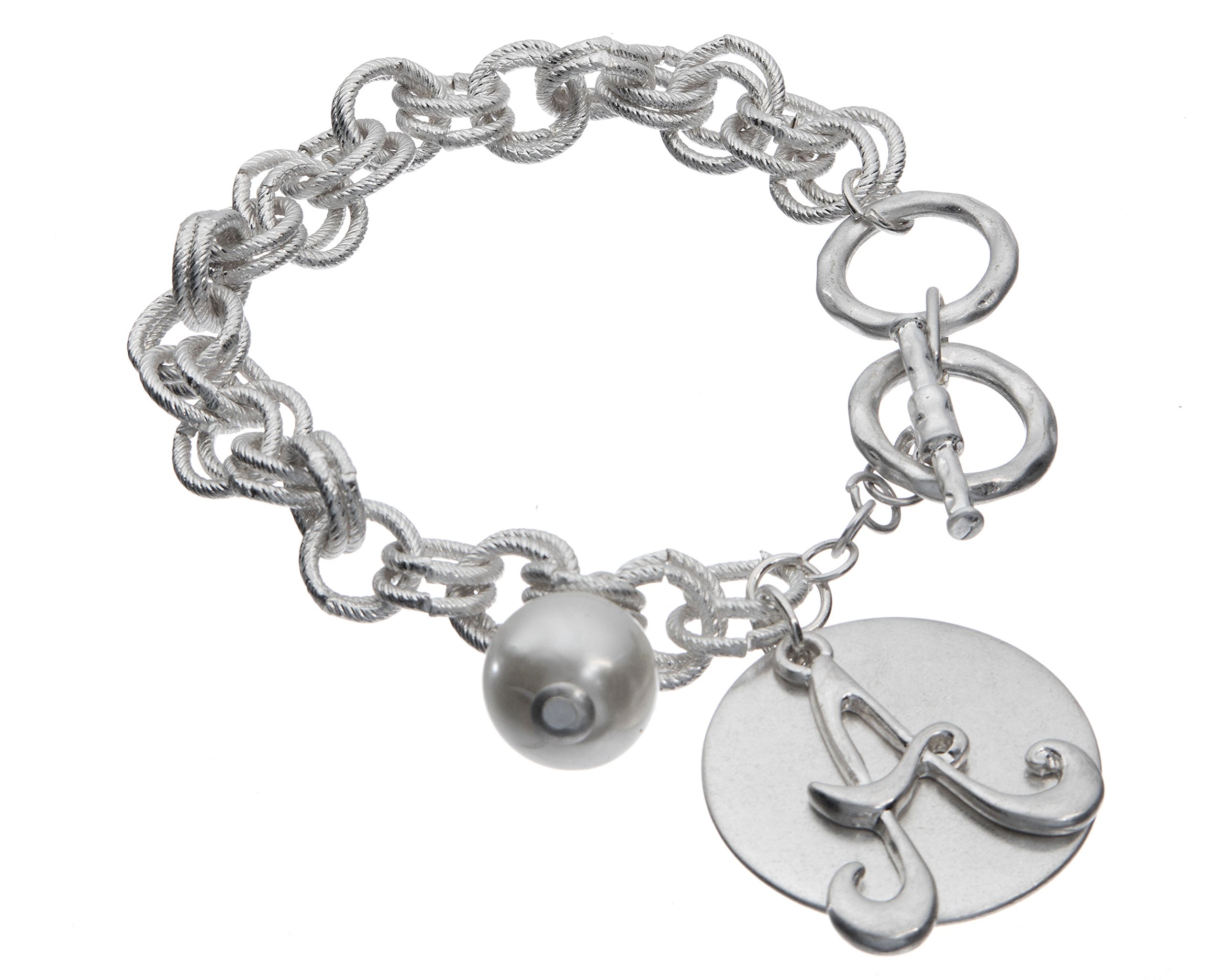 Jewelry NexusMonogram Silver-Tone Overlay Medallion Bracelet Imitation Pearl & Toggle Closure