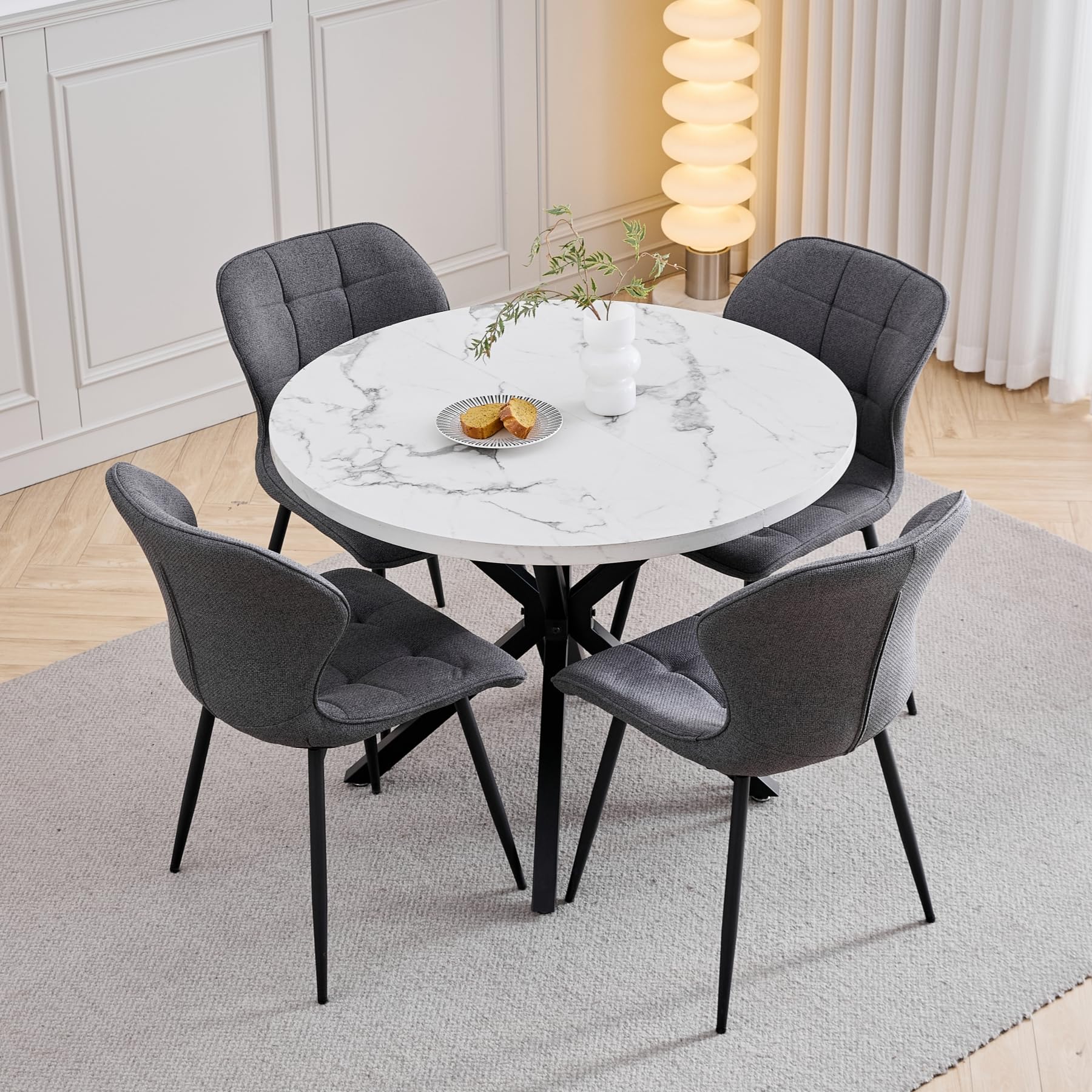 GrandCA HOME Table de Salle à Manger Ronde avec Plateau Effet Marbre Moderne, Table de Cuisine avec Quatre Pieds en Métal, pour Salle à Manger, Salon,Blanc + BKL